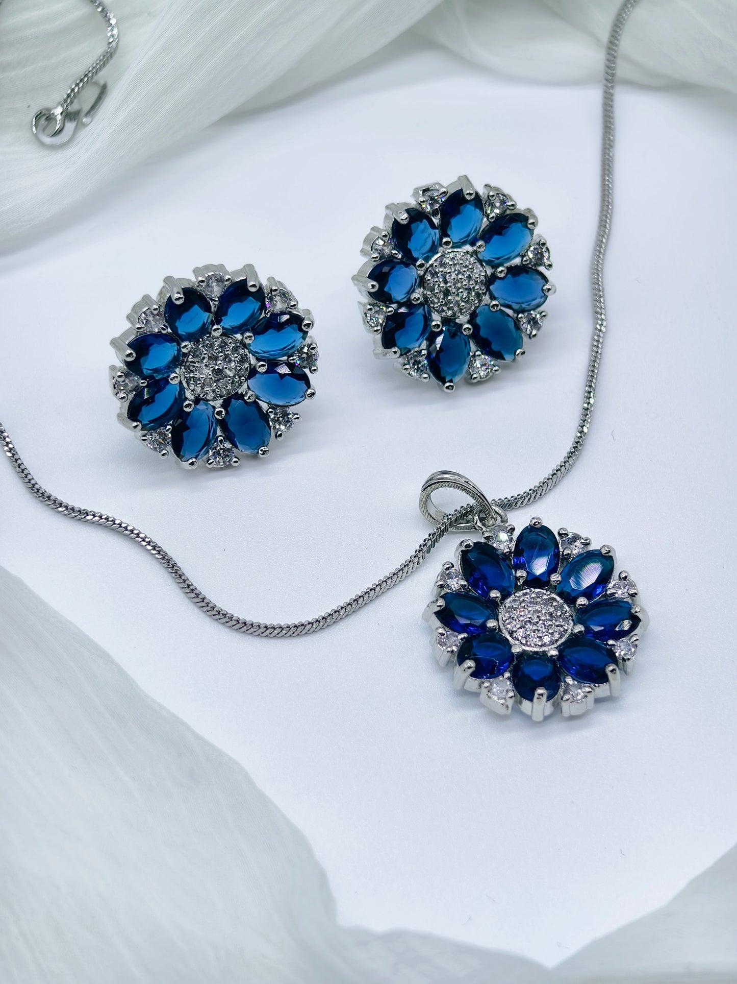 Blue & White Stone American Diamond Chain Necklace