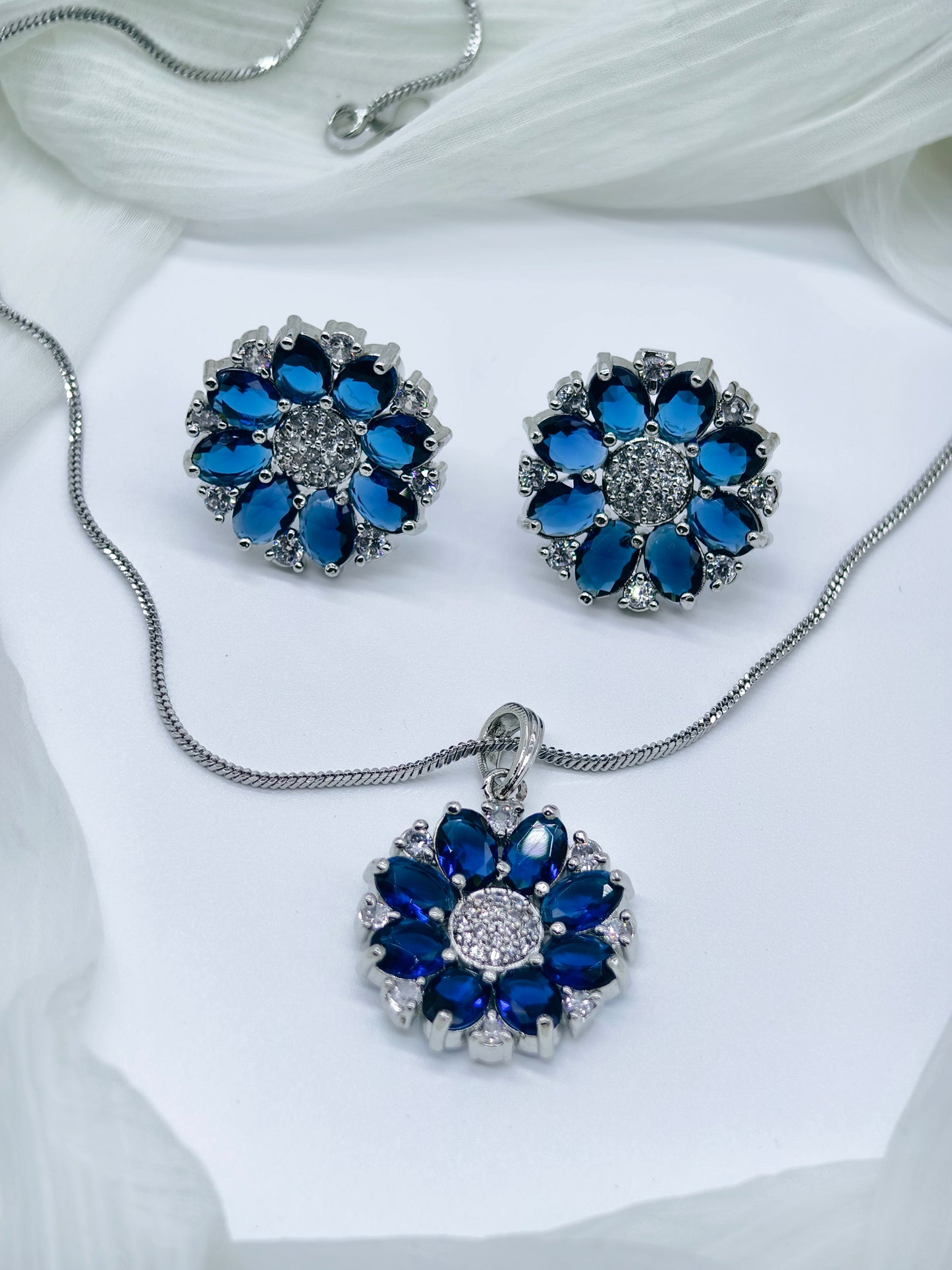 Blue & White Stone American Diamond Chain Necklace