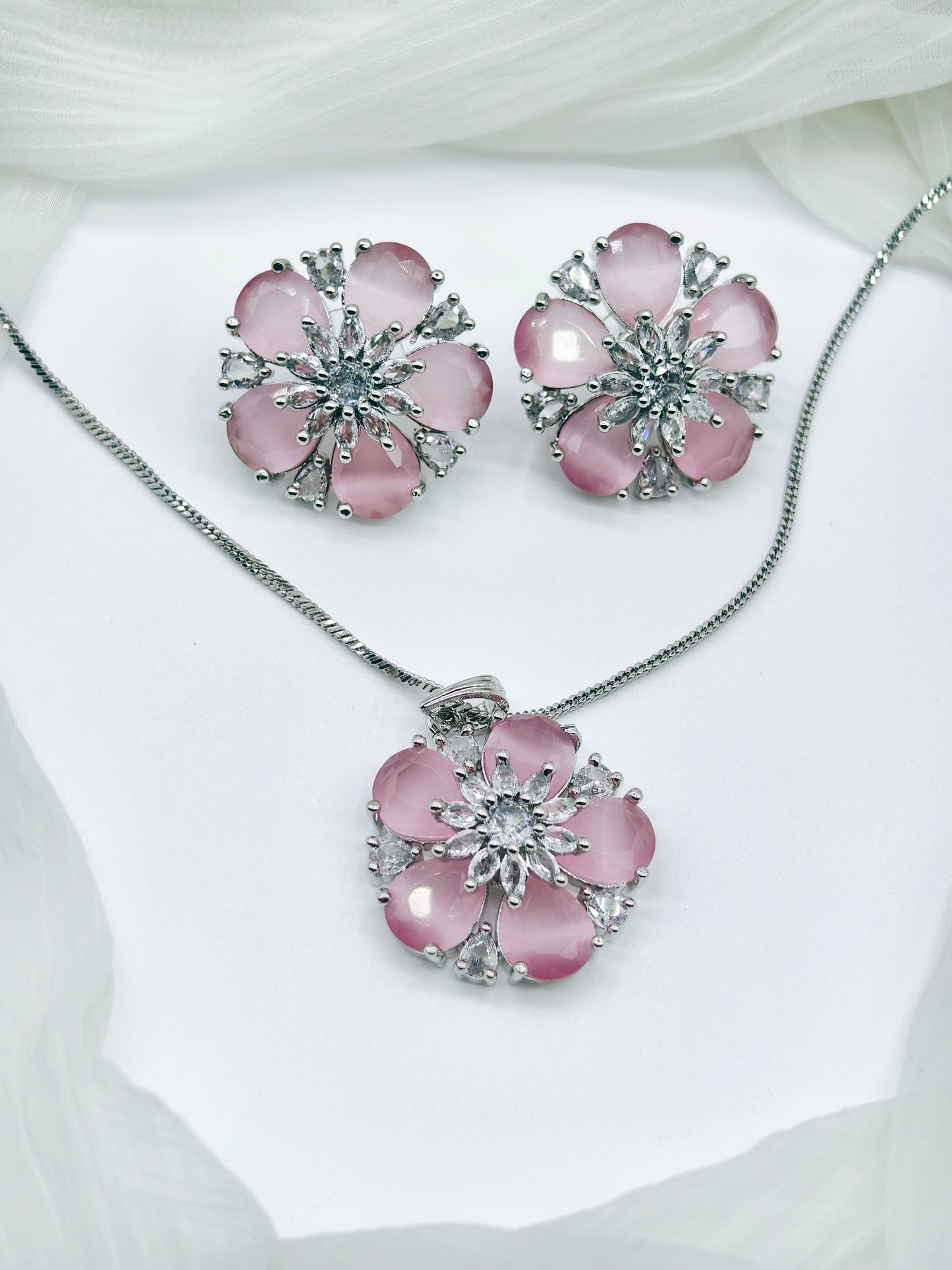 Pastel Pink & White Stone American Diamond Chain Necklace