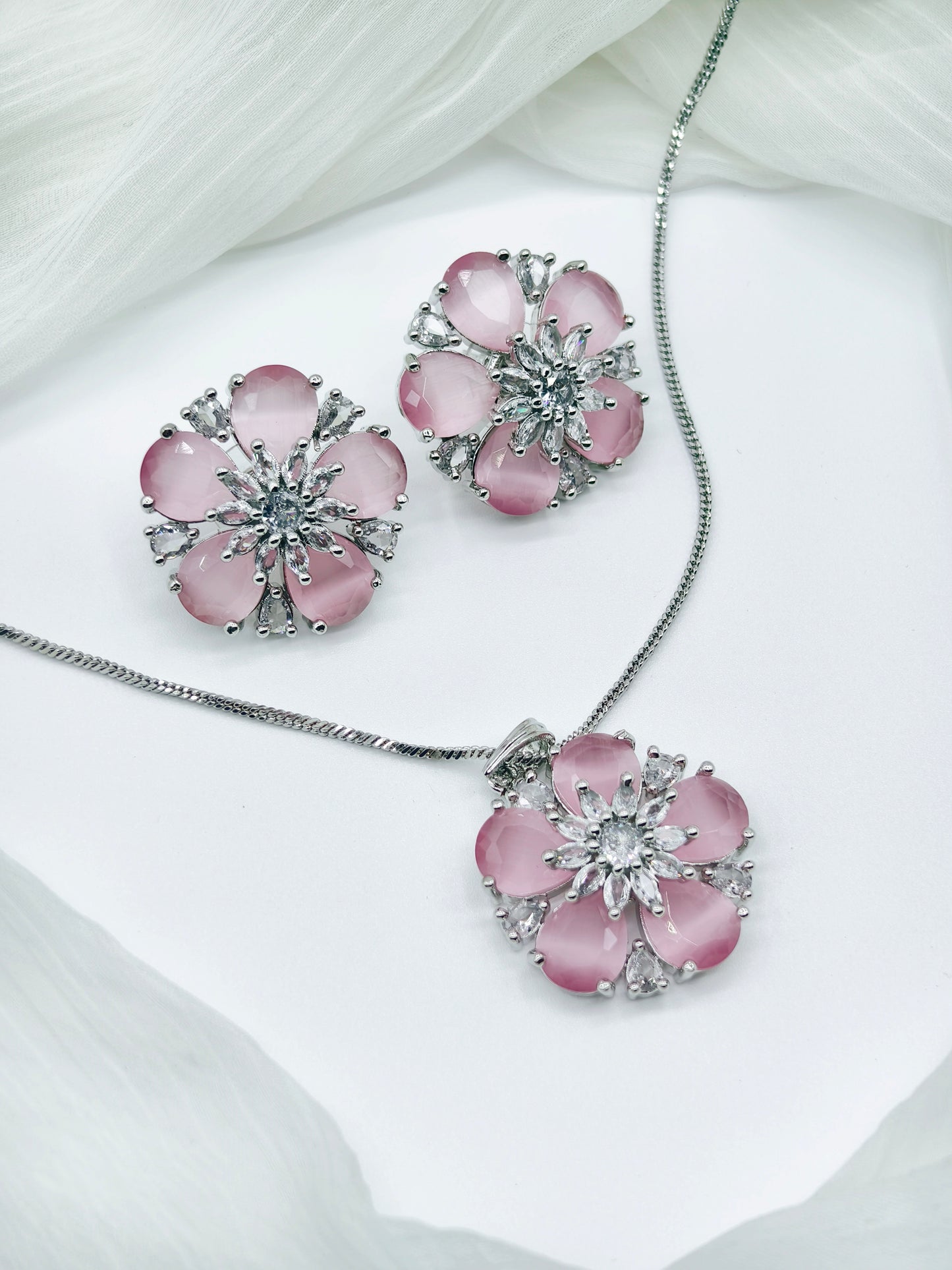 Pastel Pink & White Stone American Diamond Chain Necklace
