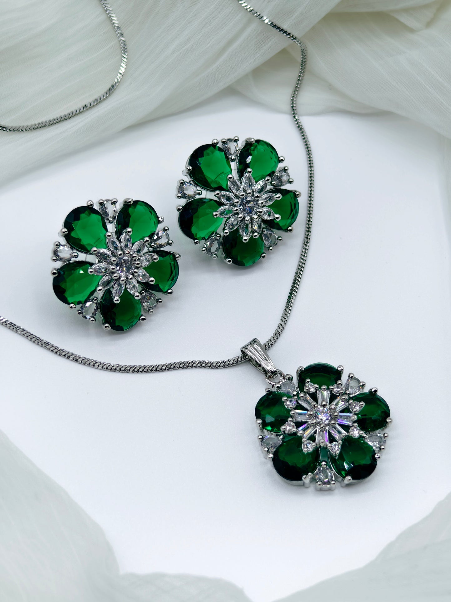 Green & White Stone American Diamond Chain Necklace