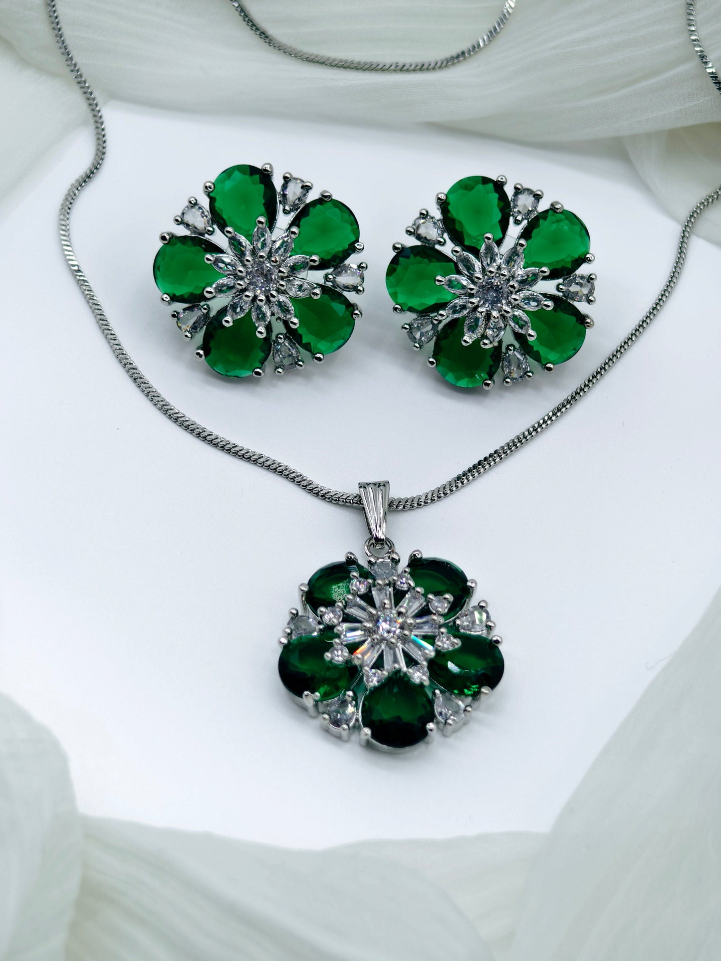Green & White Stone American Diamond Chain Necklace