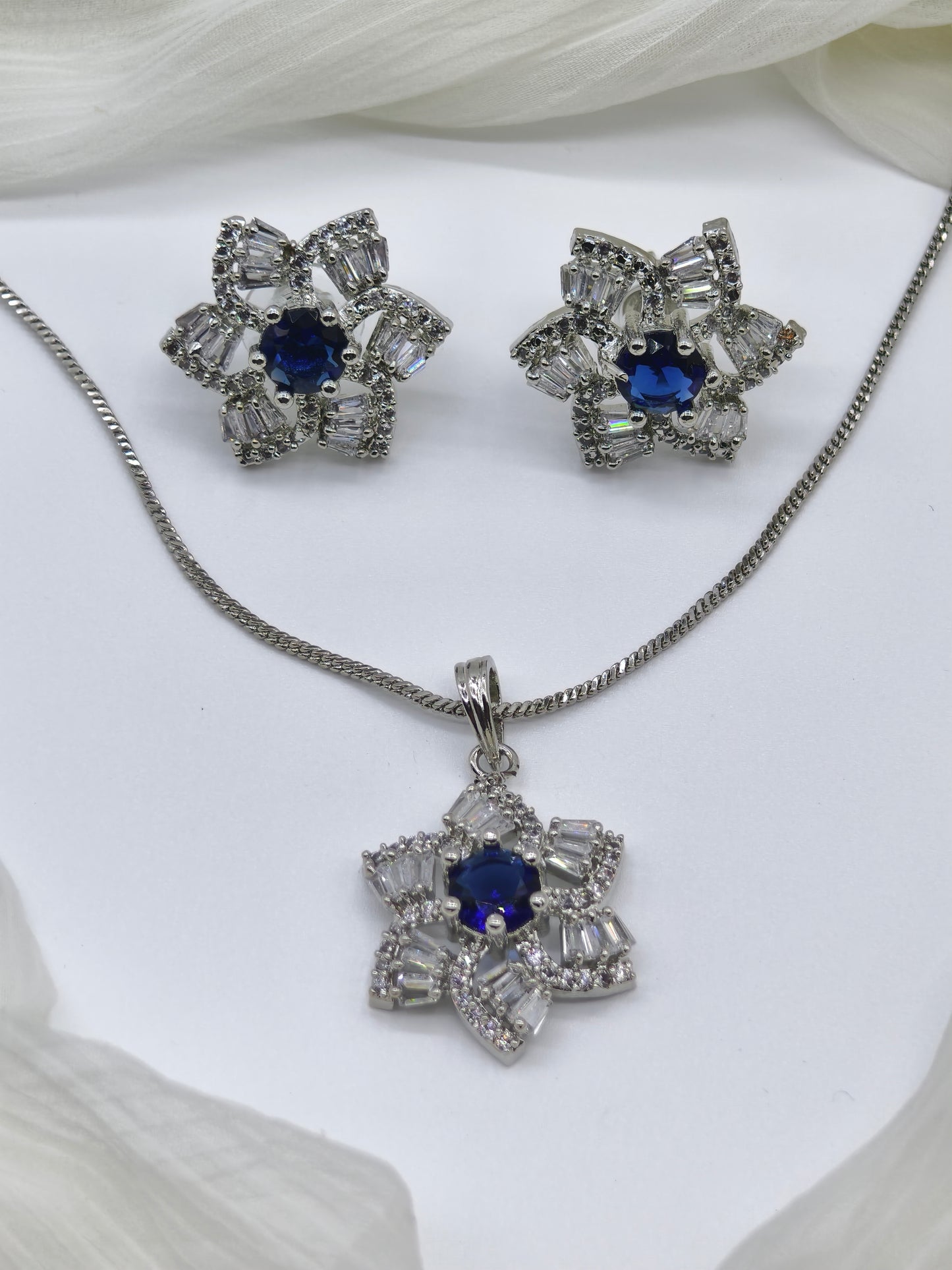 Blue & White Stone American Diamond Chain Necklace