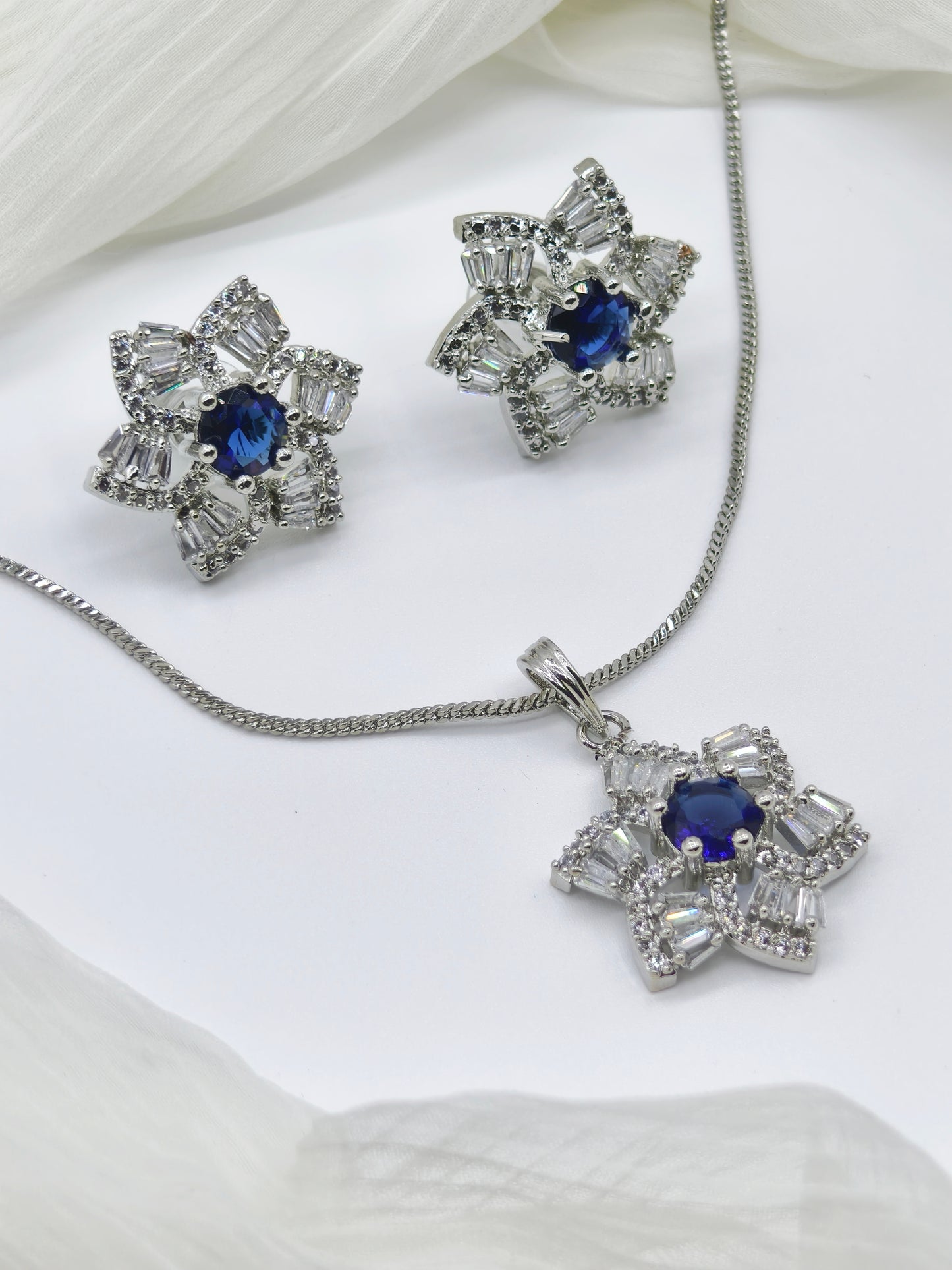 Blue & White Stone American Diamond Chain Necklace