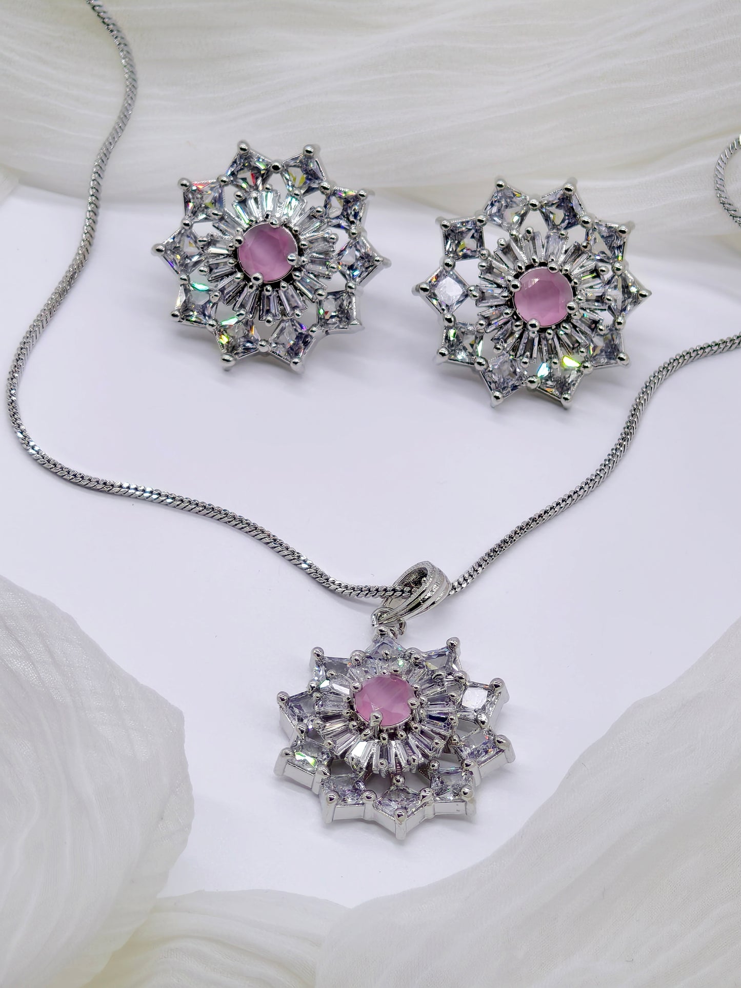 Pink & White Stone American Diamond Chain Necklace