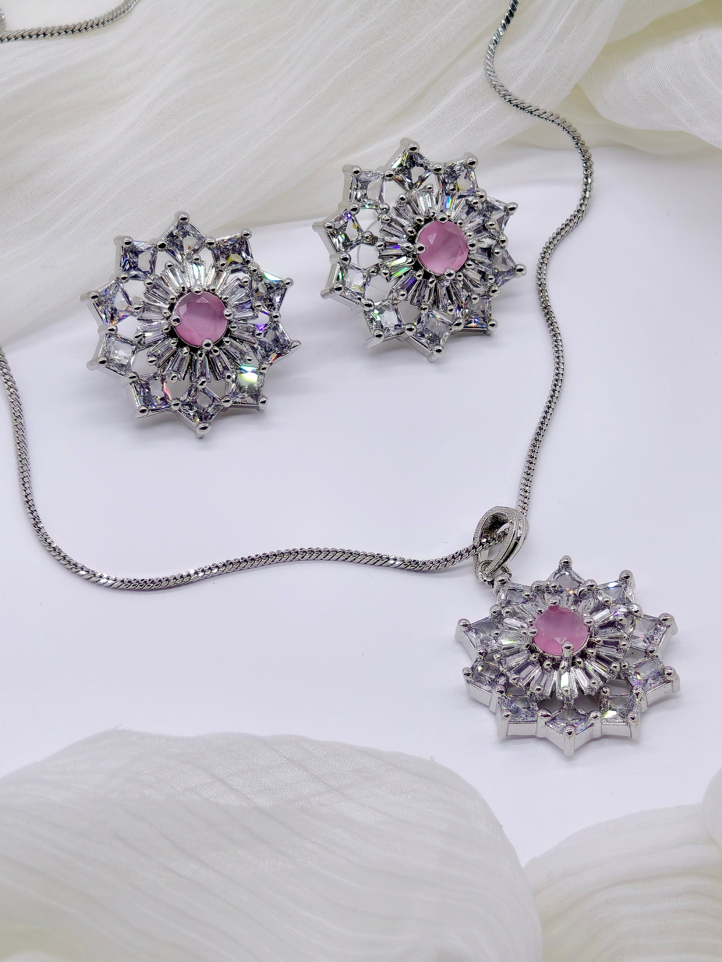 Pink & White Stone American Diamond Chain Necklace