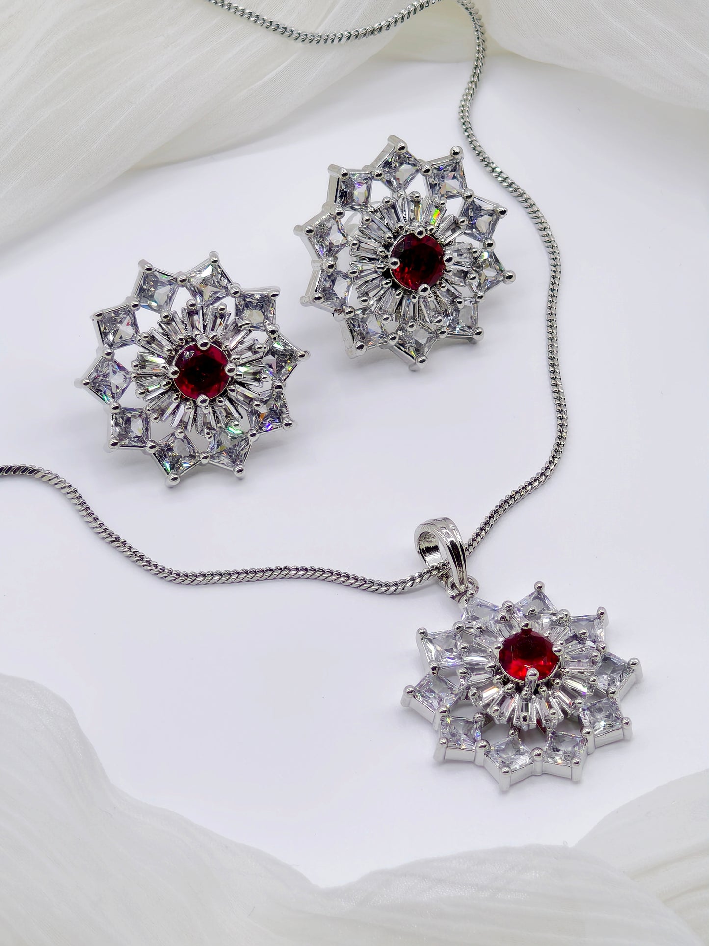 Red & White Stone American Diamond Chain Necklace