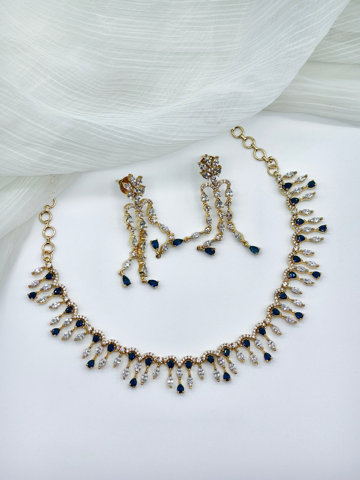 Blue and White Gold Plated Stone American Diamond Necklace Set