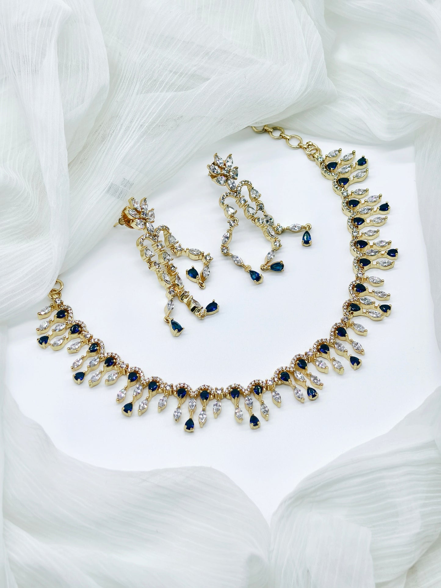 Blue and White Gold Plated Stone American Diamond Necklace Set