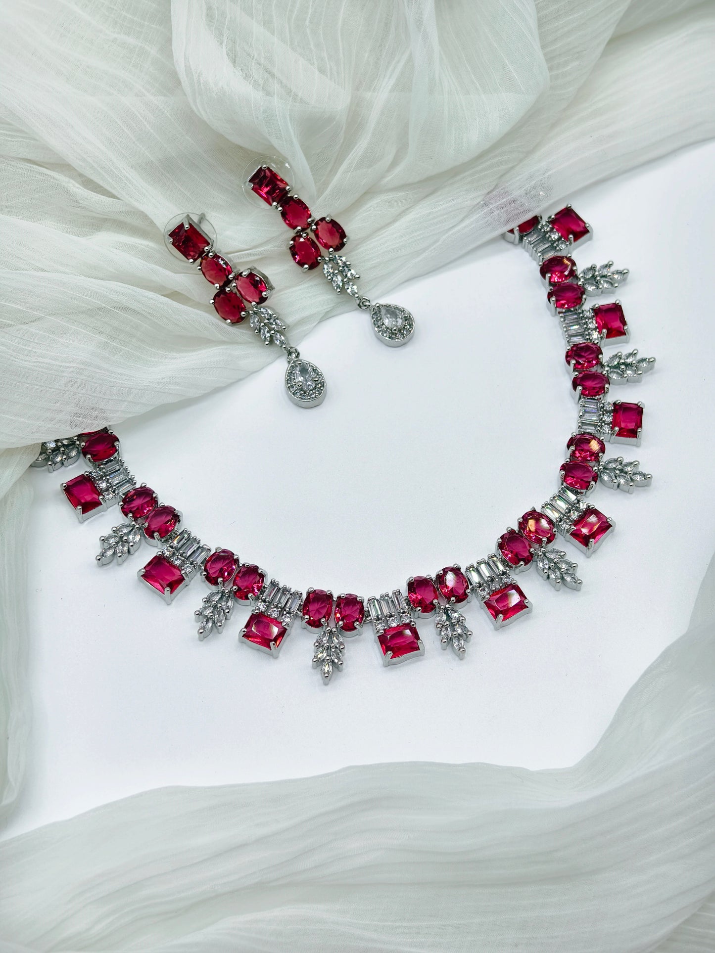 Rani Pink Stone American Diamond Necklace Set