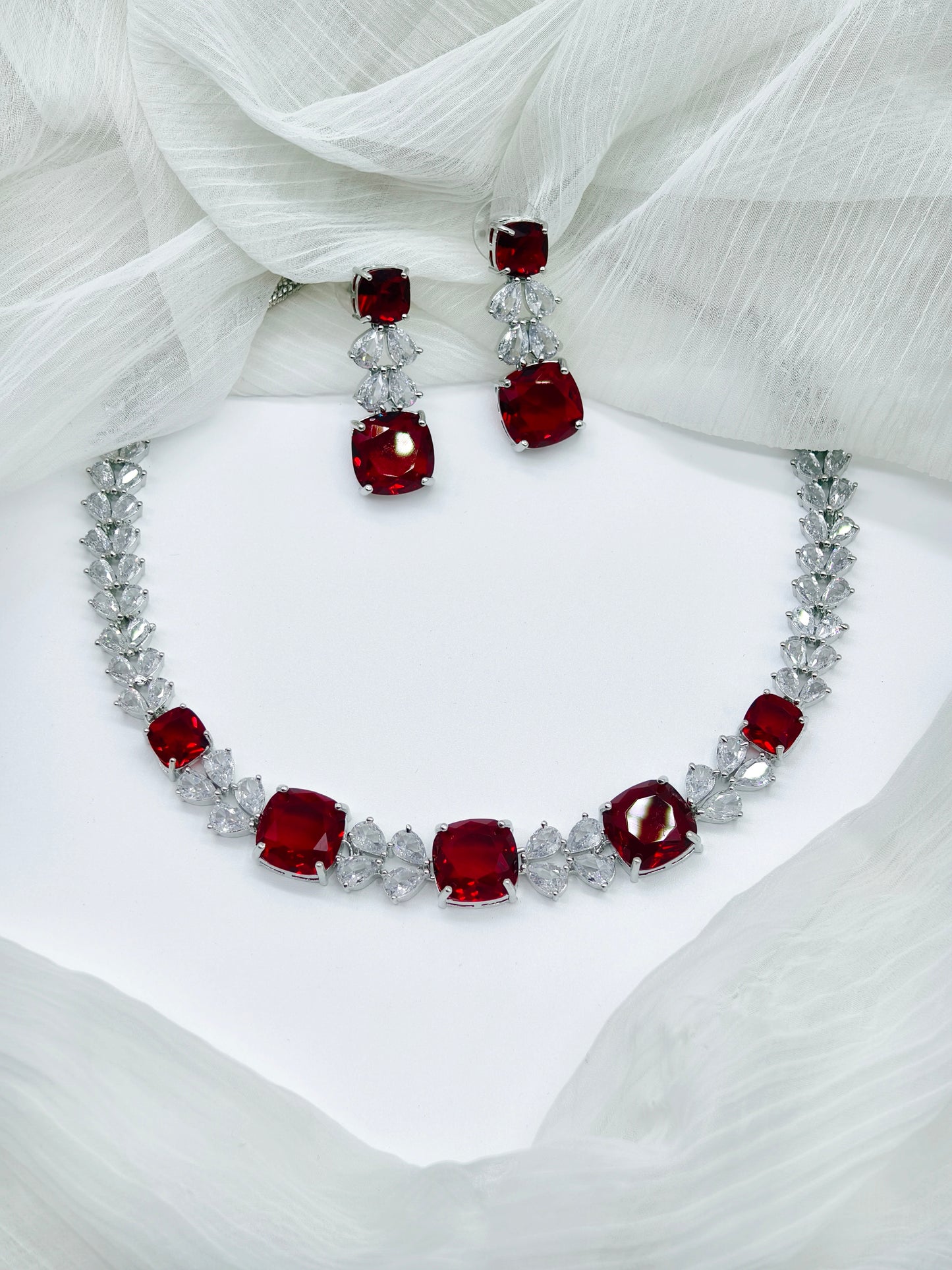 Red and White Stone American Diamond Necklace Set