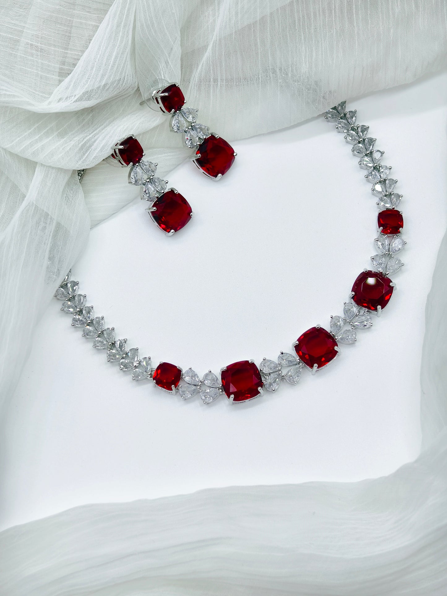Red and White Stone American Diamond Necklace Set