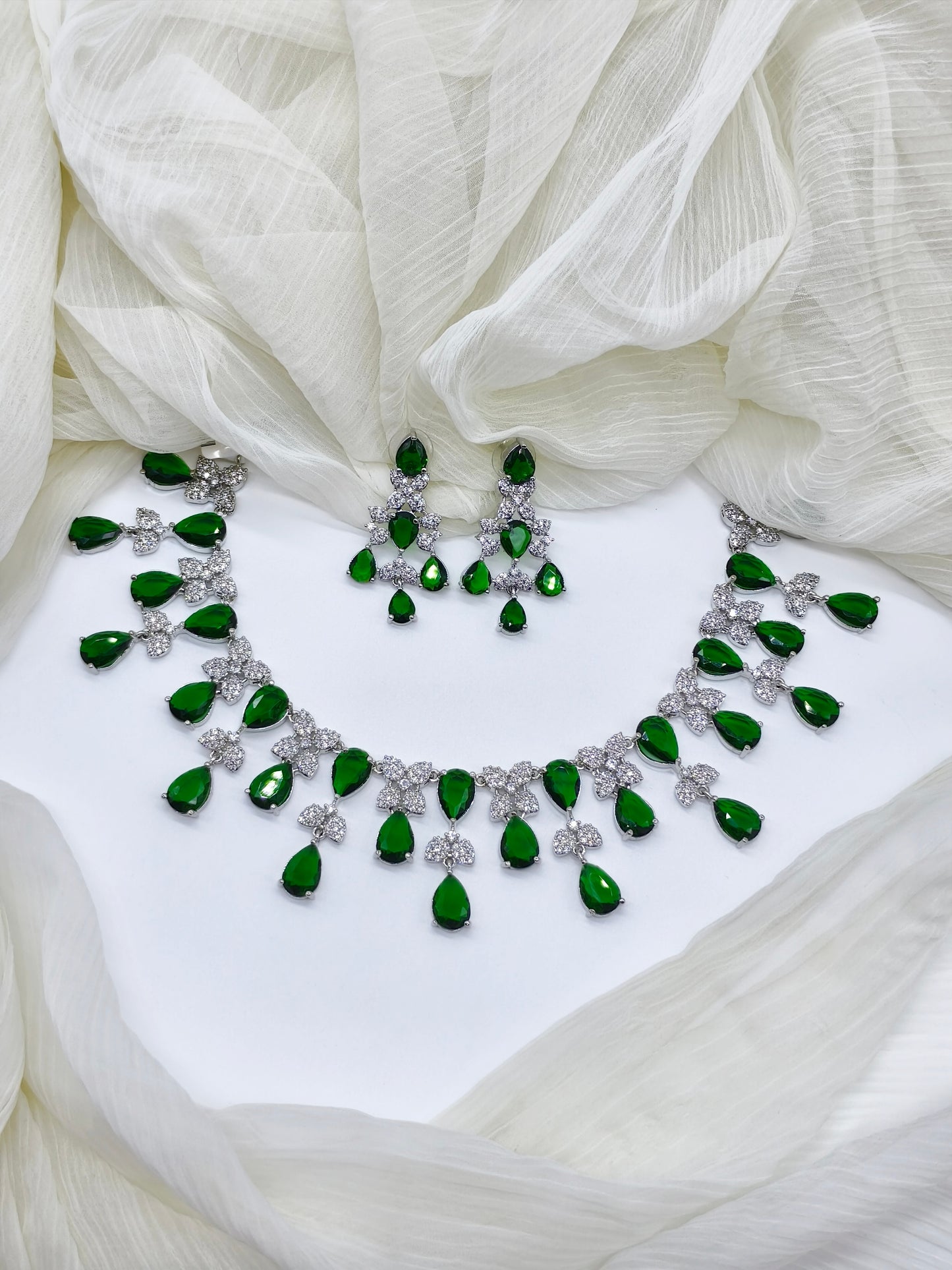 Green Stone American Diamond Necklace Set