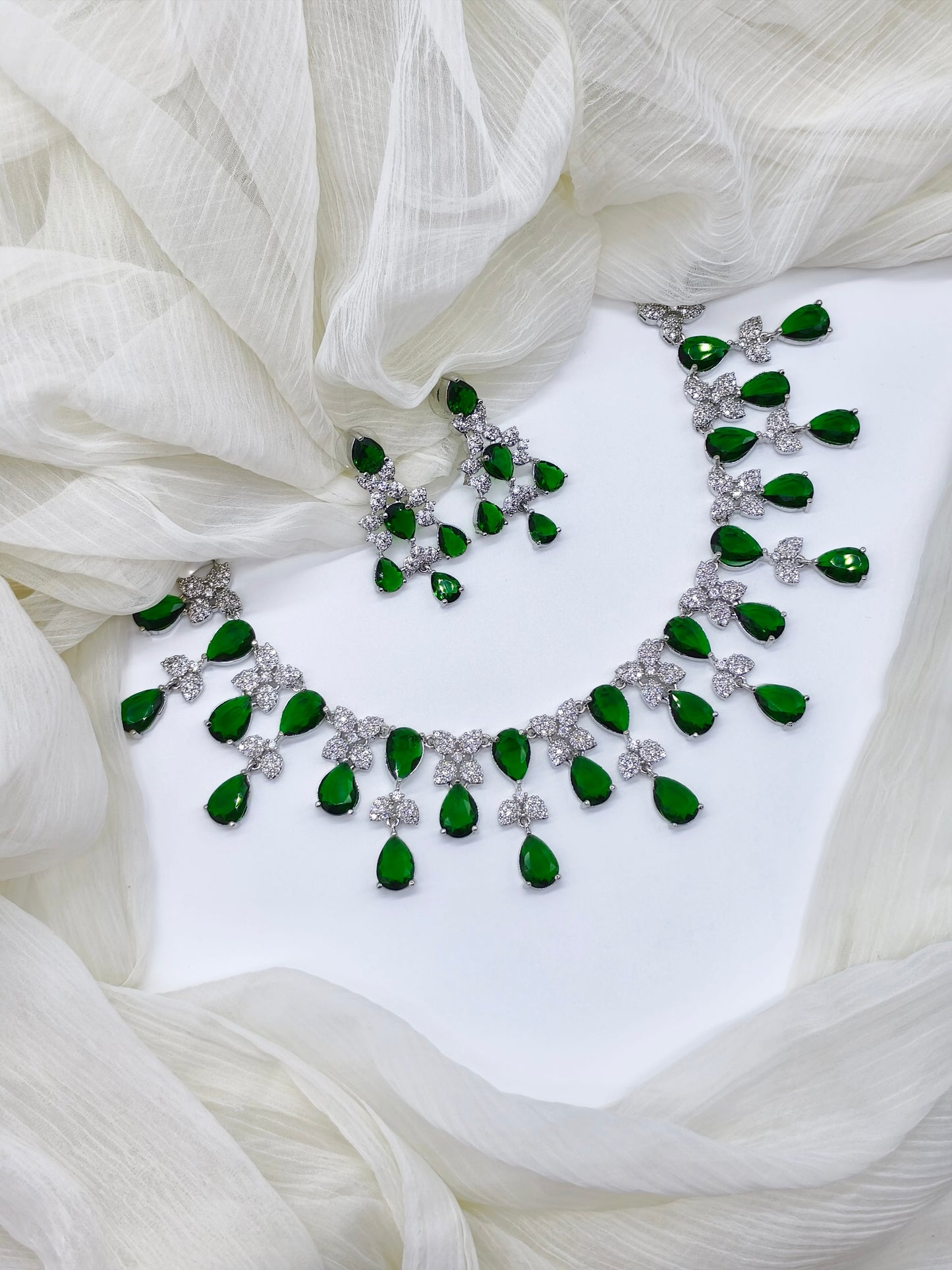 Green Stone American Diamond Necklace Set