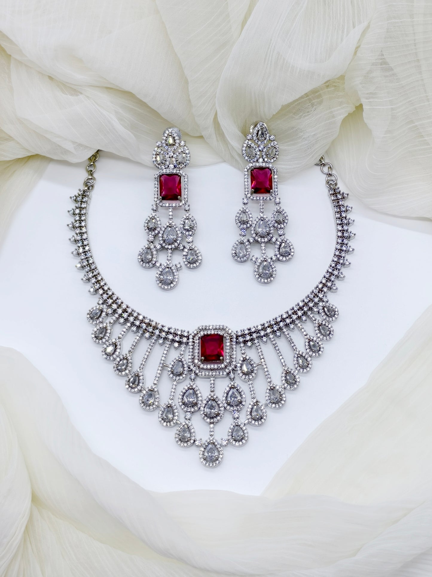 Rani Pink and White Stone American Diamond Necklace Set