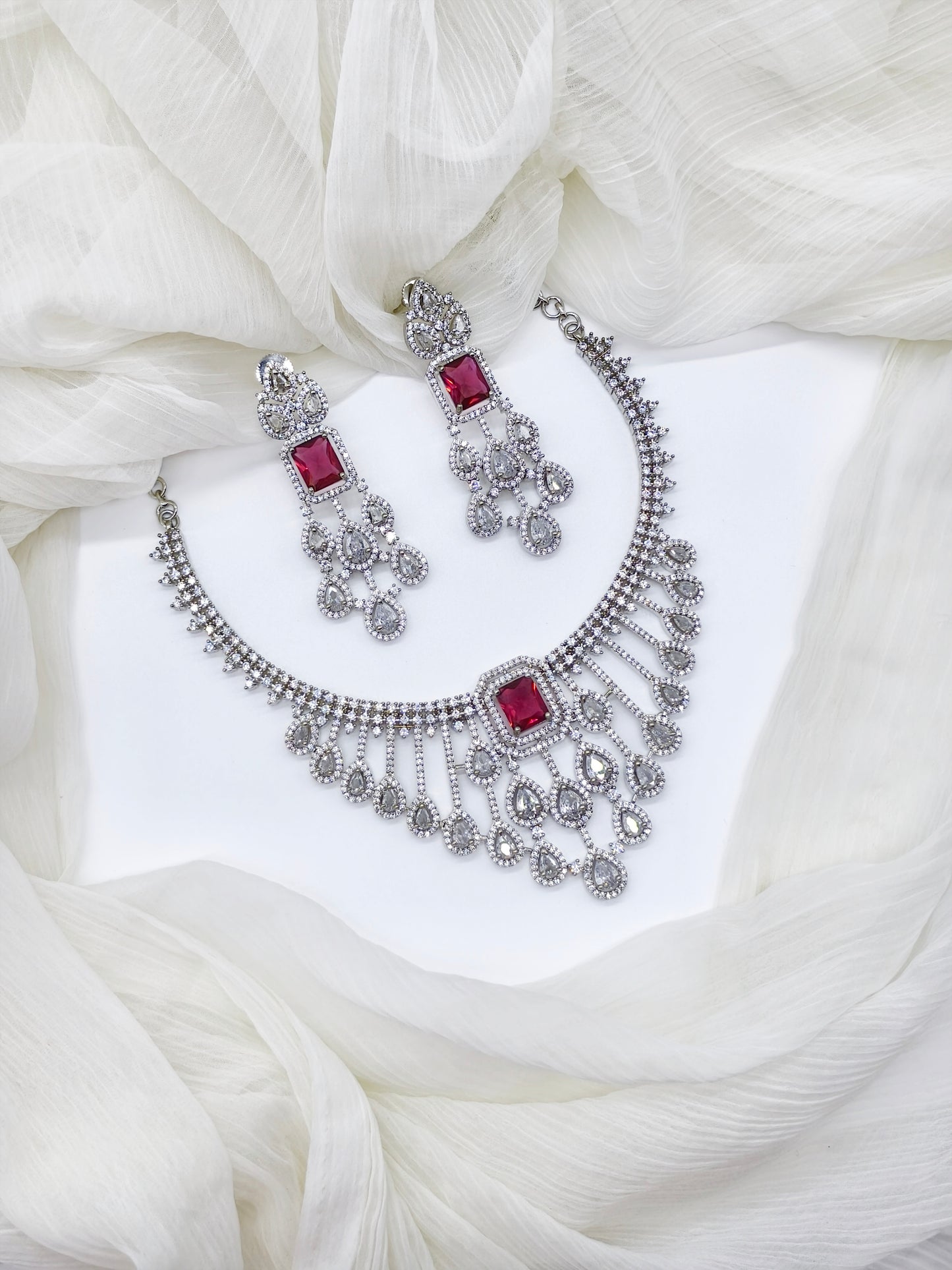 Rani Pink and White Stone American Diamond Necklace Set