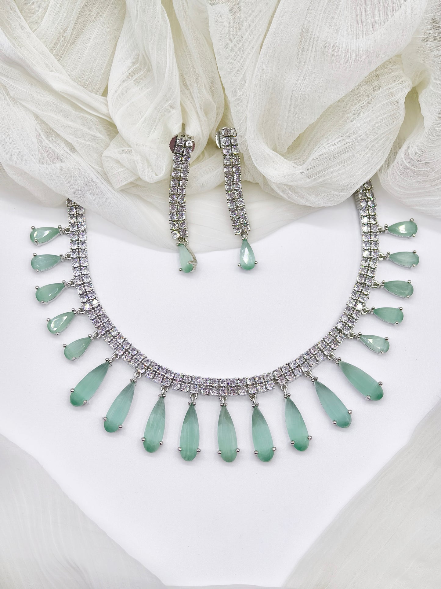 Pastel Green Stone American Diamond Necklace Set