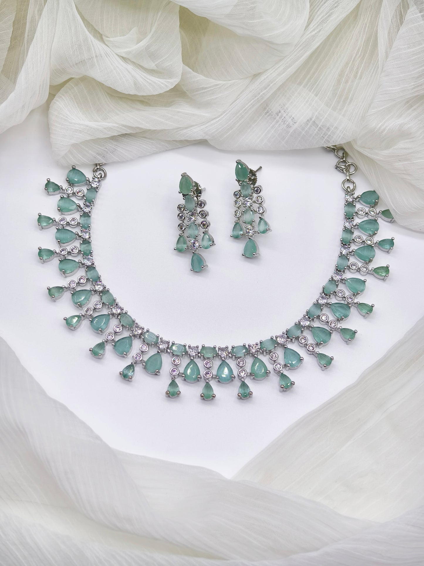 Pastel Green Stone American Diamond Necklace Set