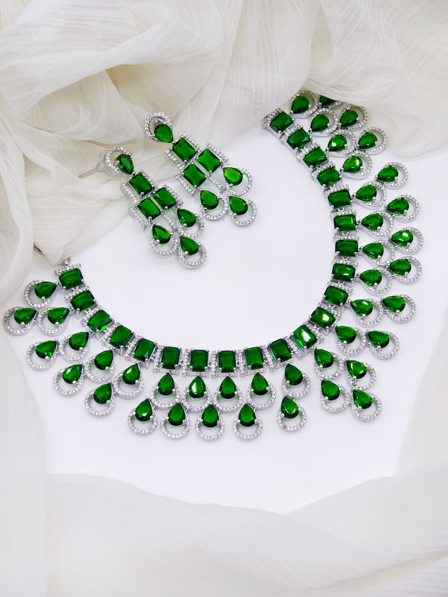 Green Stone American Diamond Necklace Set