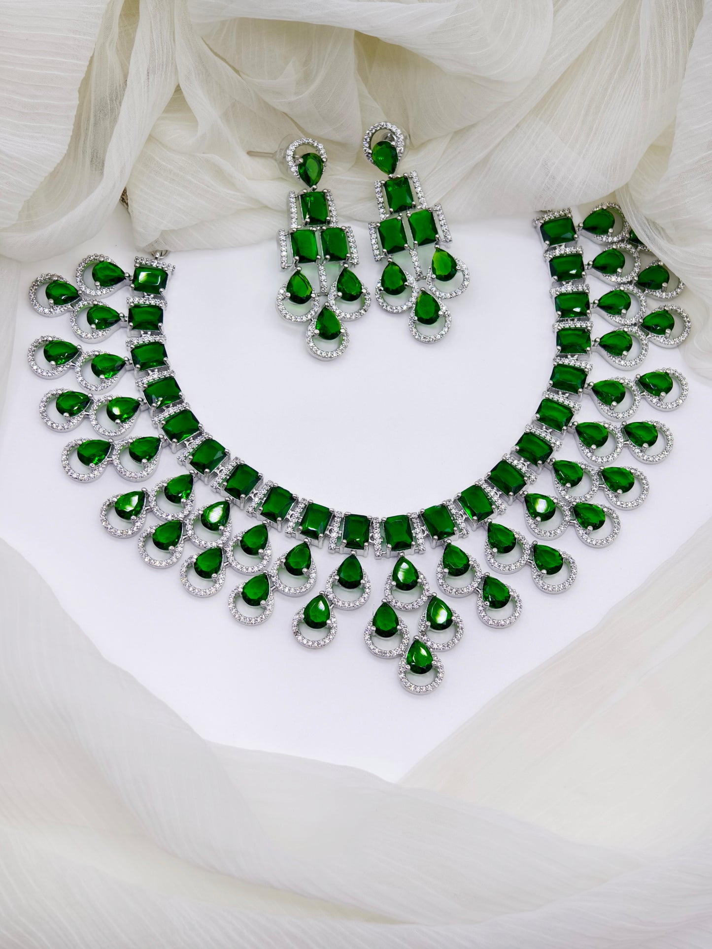 Green Stone American Diamond Necklace Set