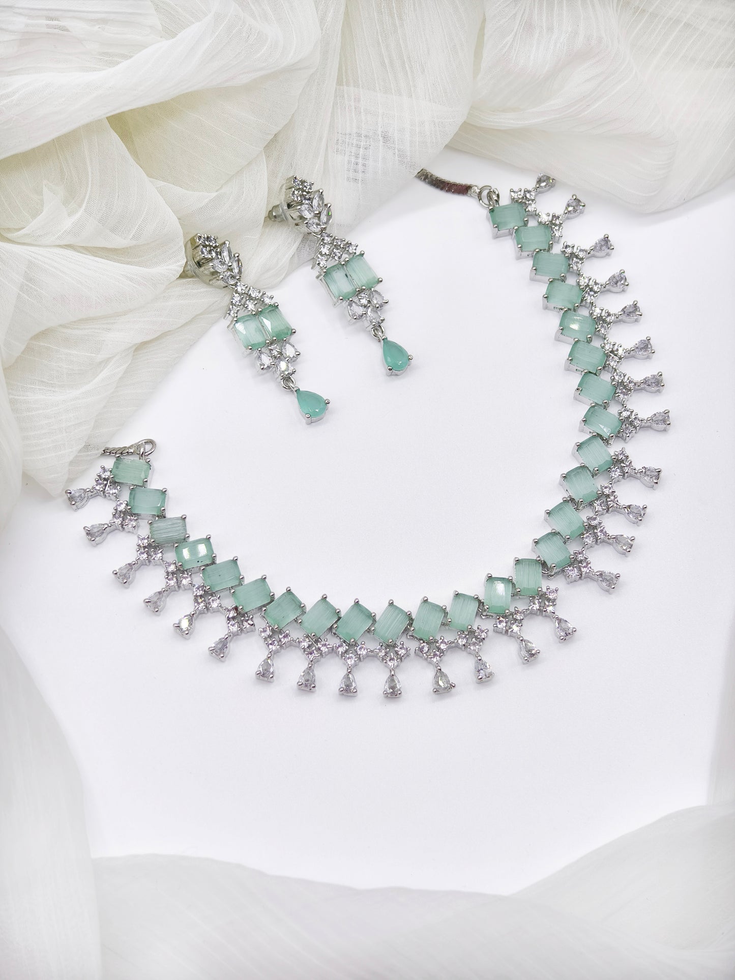 Pastel Green Stone American Diamond Necklace Set