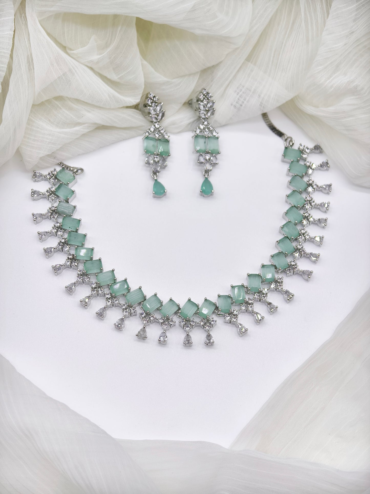 Pastel Green Stone American Diamond Necklace Set