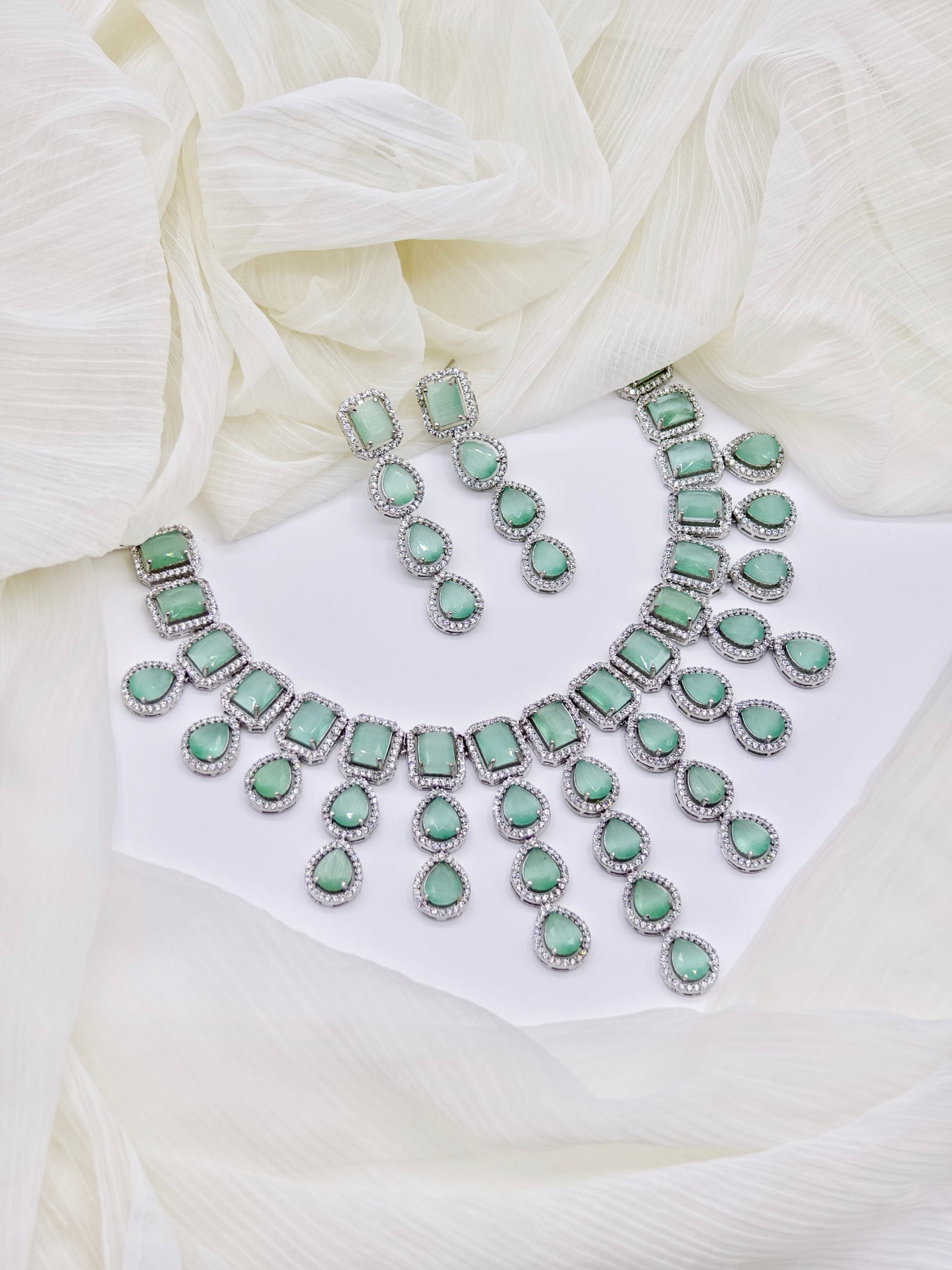 Pastel Green Stone American Diamond Necklace Set