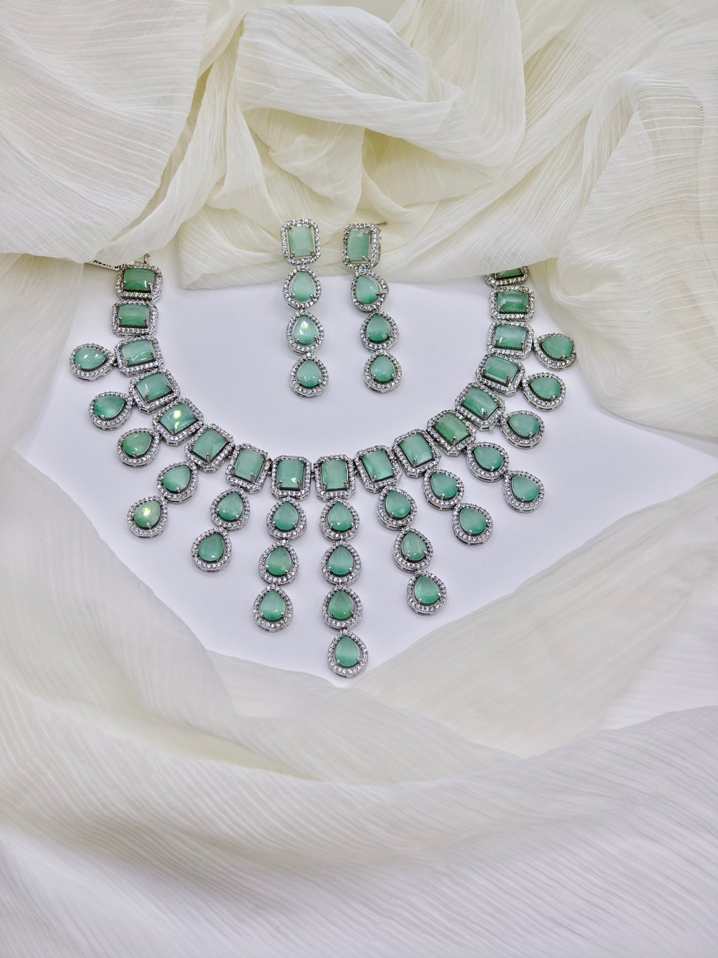 Pastel Green Stone American Diamond Necklace Set