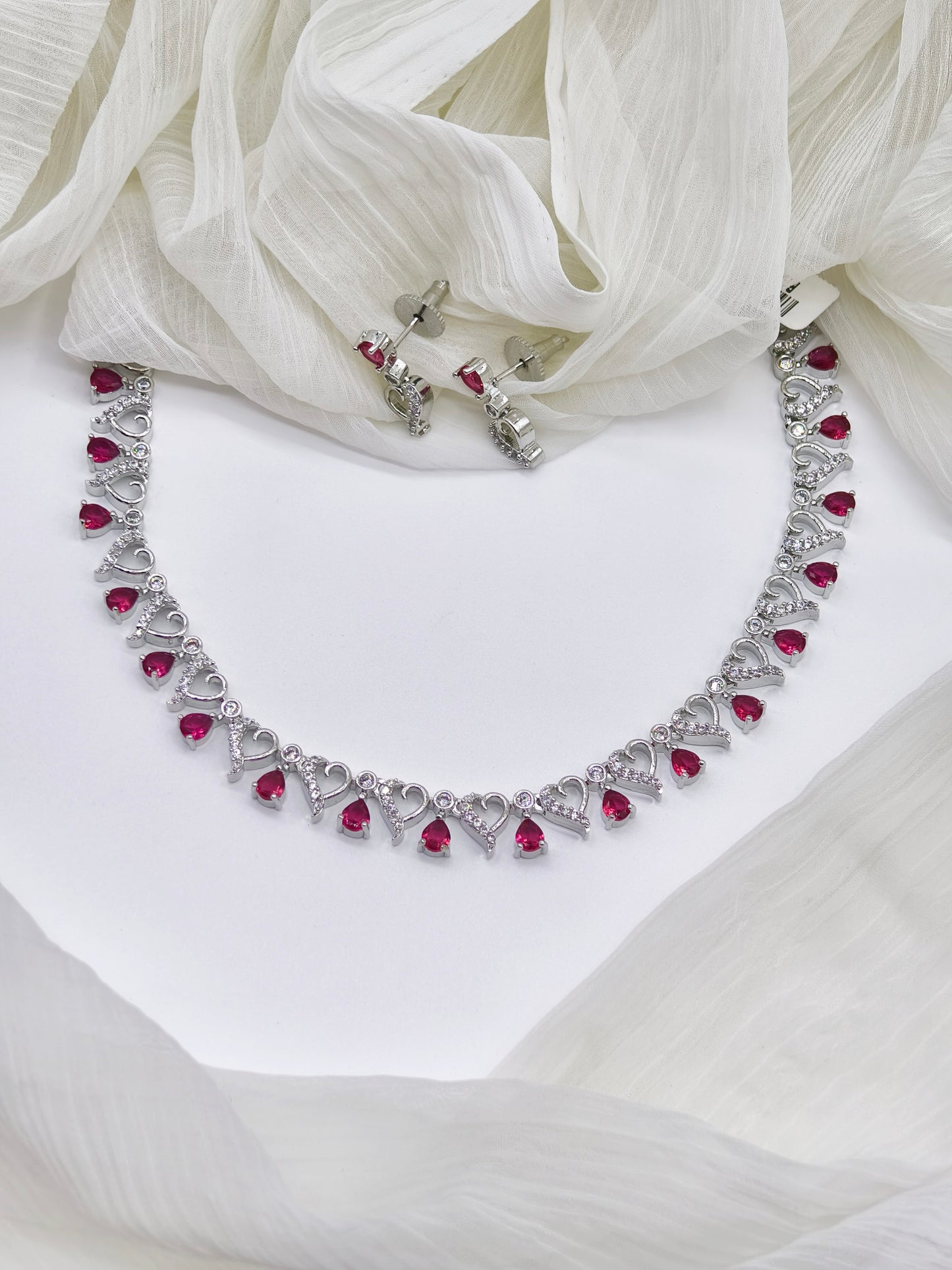 Red Stone American Diamond Necklace Set