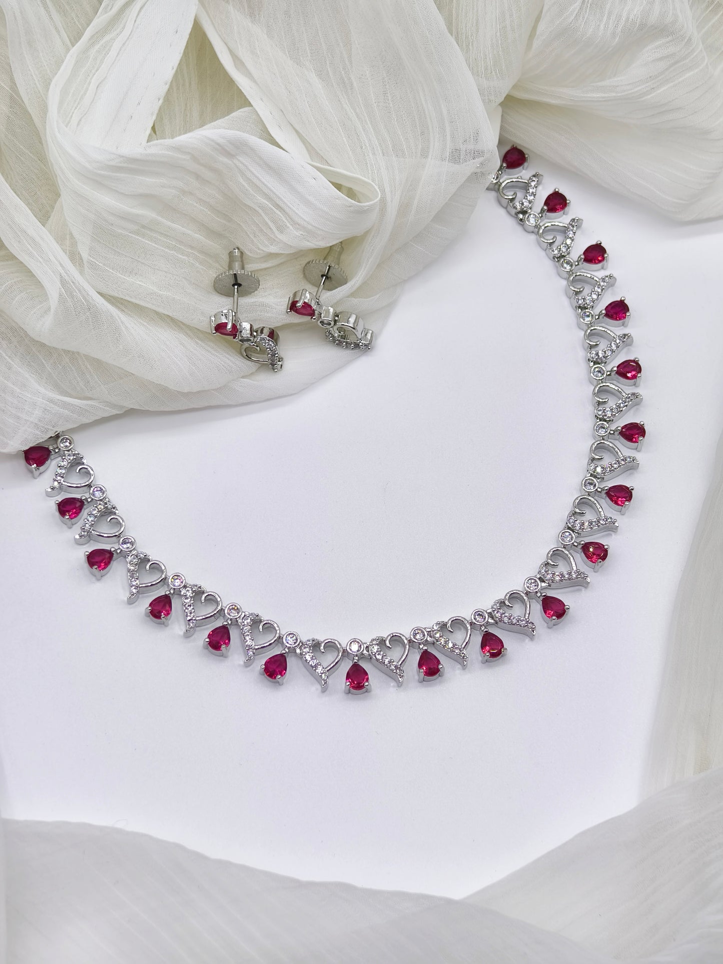 Red Stone American Diamond Necklace Set