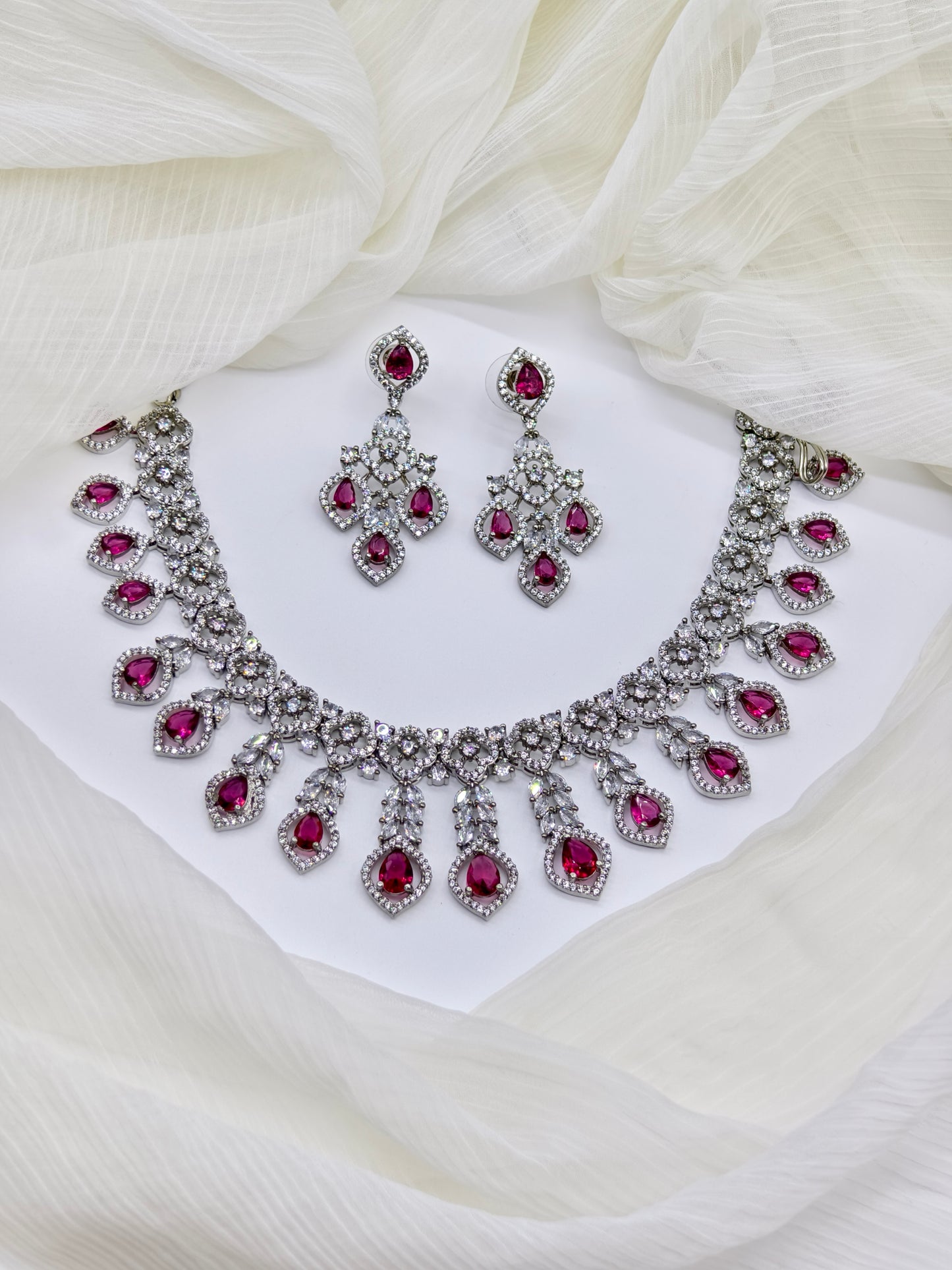 Rani Pink Stone American Diamond Necklace Set