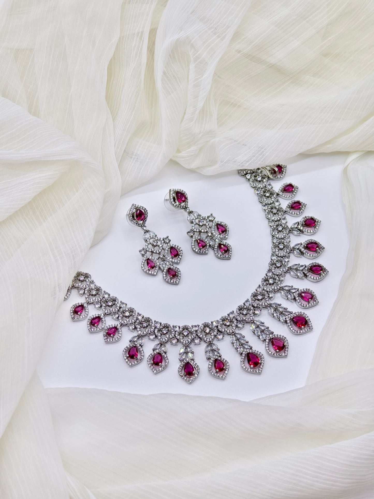 Rani Pink Stone American Diamond Necklace Set