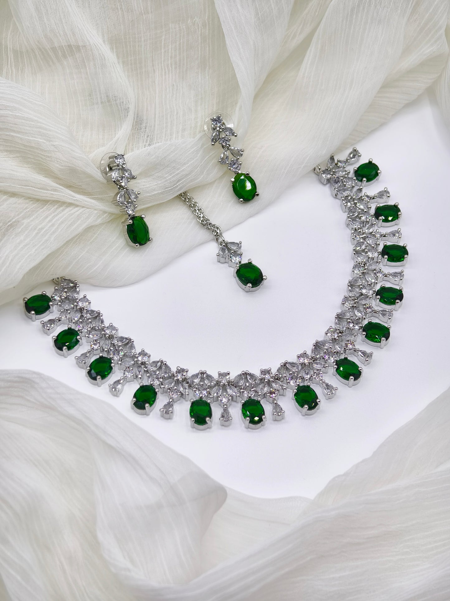 Green & White Stone American Diamond Necklace