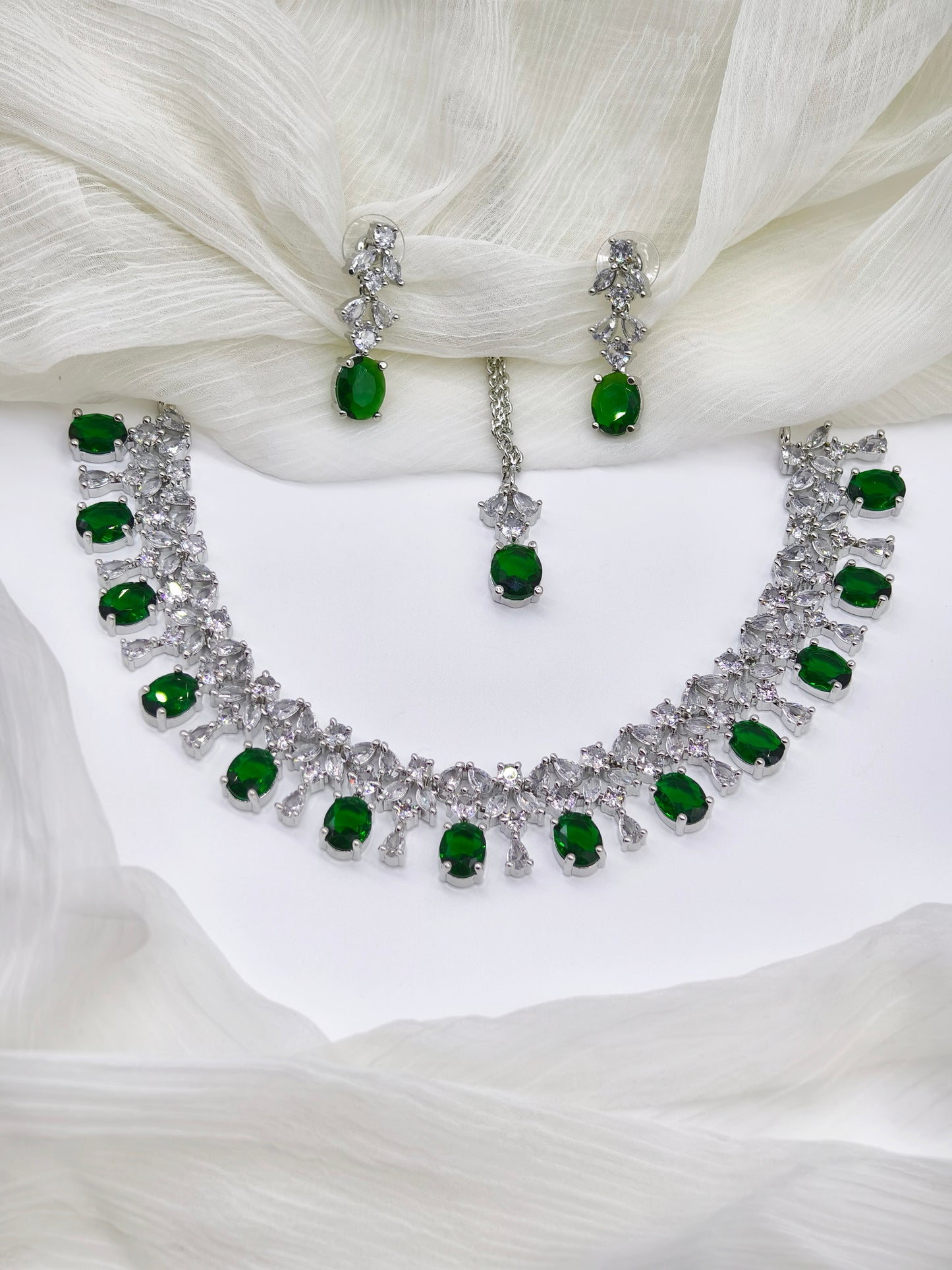 Green & White Stone American Diamond Necklace
