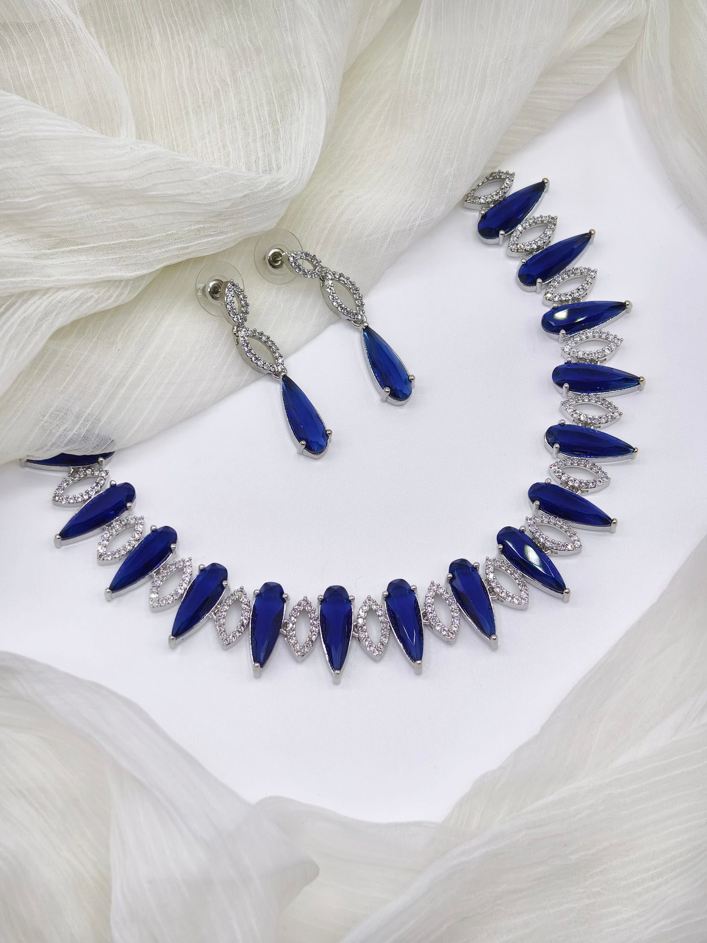 Blue & White Stone American Diamond Necklace