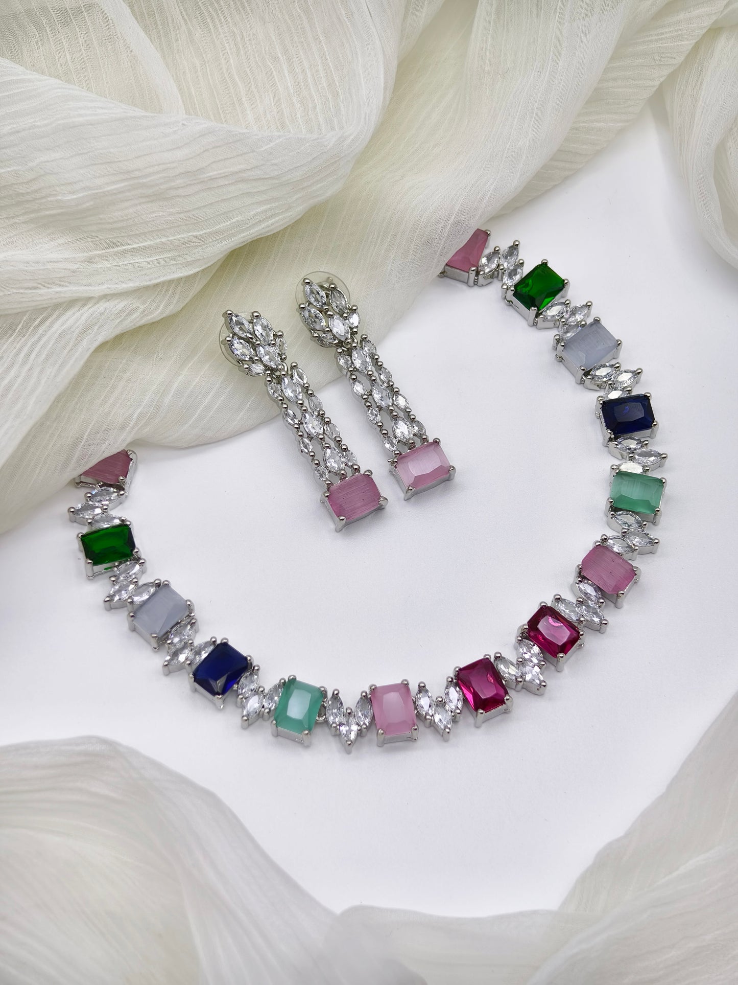 Multicolour & White Stone American Diamond Necklace