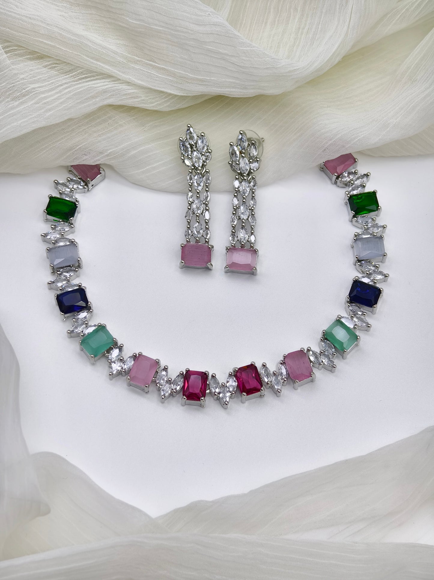 Multicolour & White Stone American Diamond Necklace