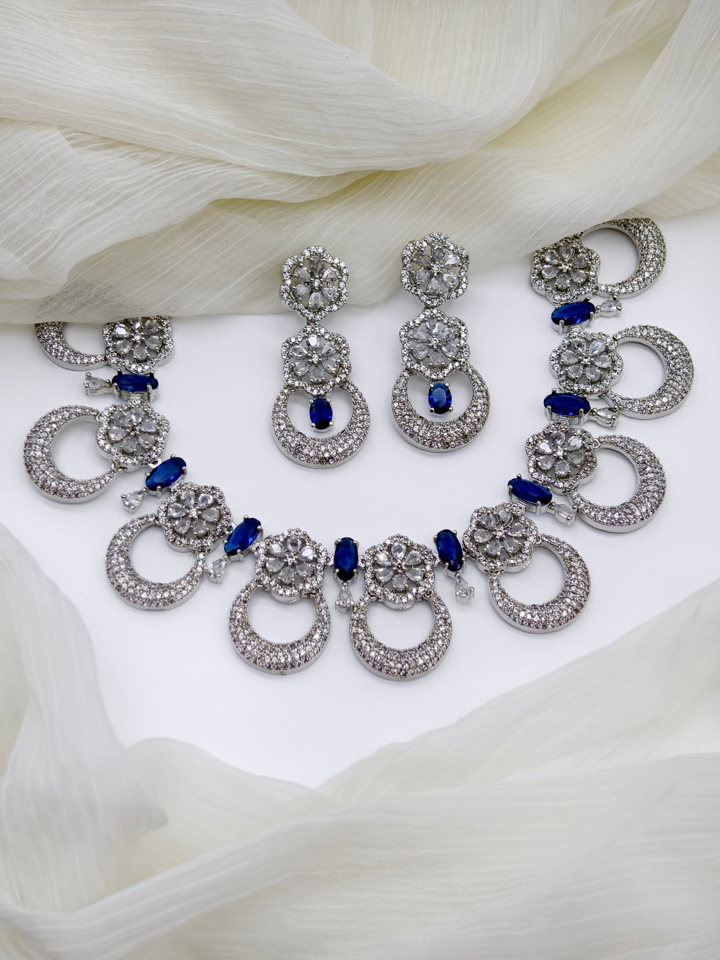 Blue & White Stone American Diamond Necklace