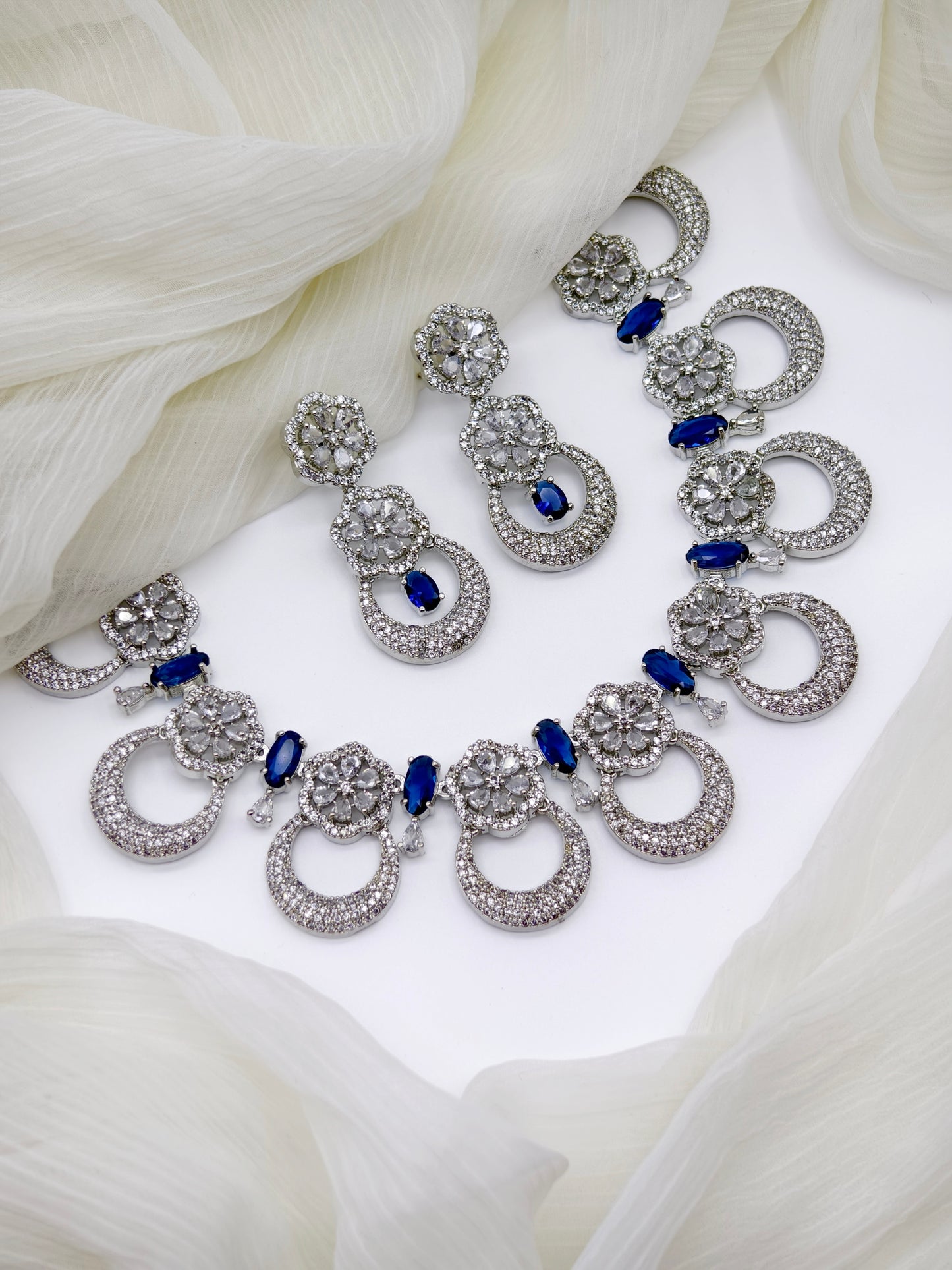 Blue & White Stone American Diamond Necklace