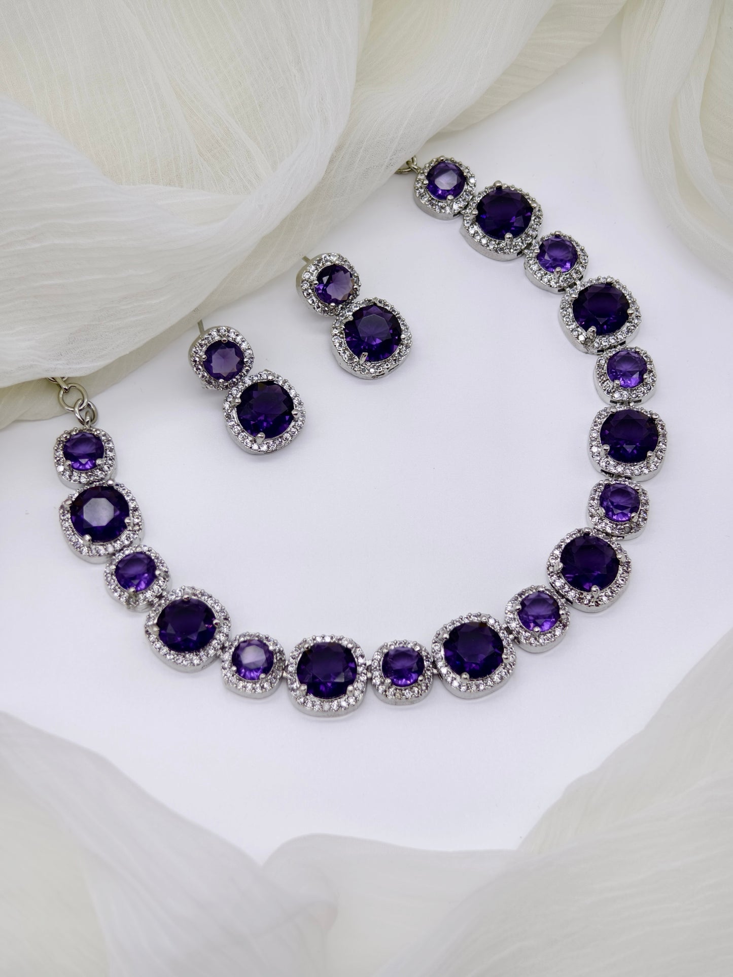 Purple & White Stone American Diamond Necklace