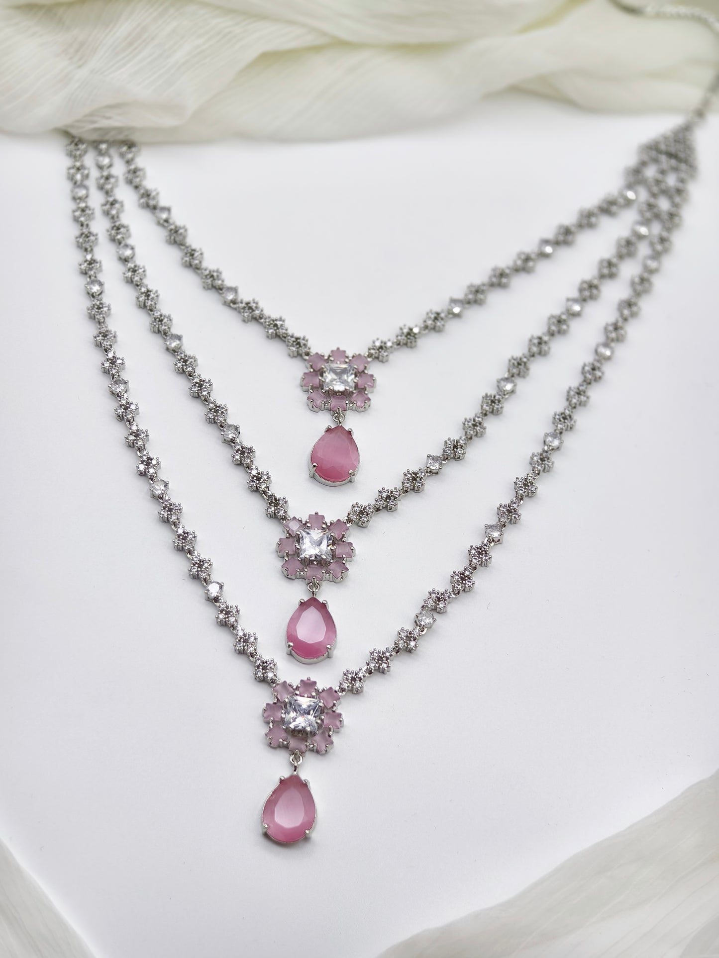 Pastel Pink & White Stone American Diamond Necklace