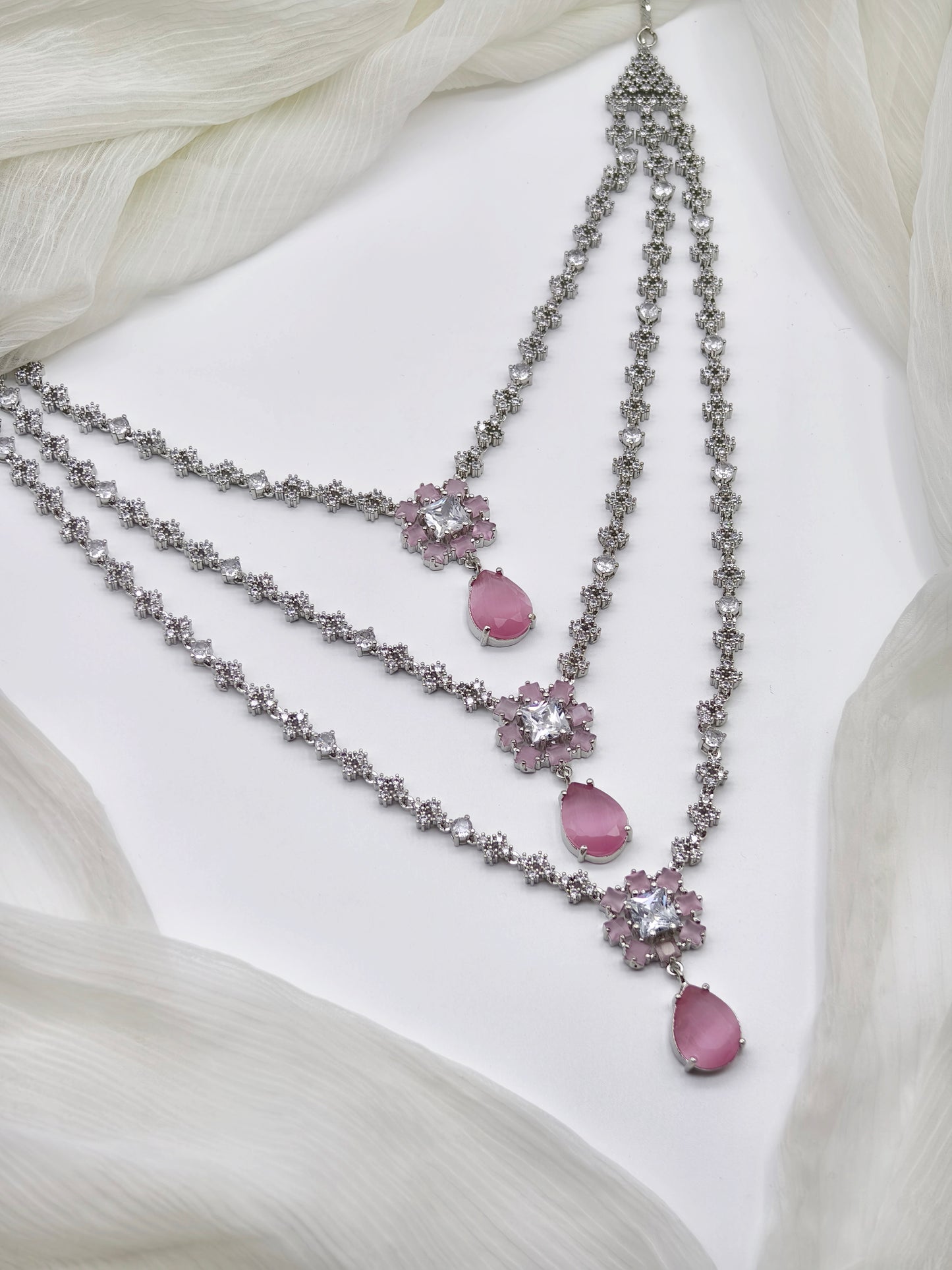 Pastel Pink & White Stone American Diamond Necklace