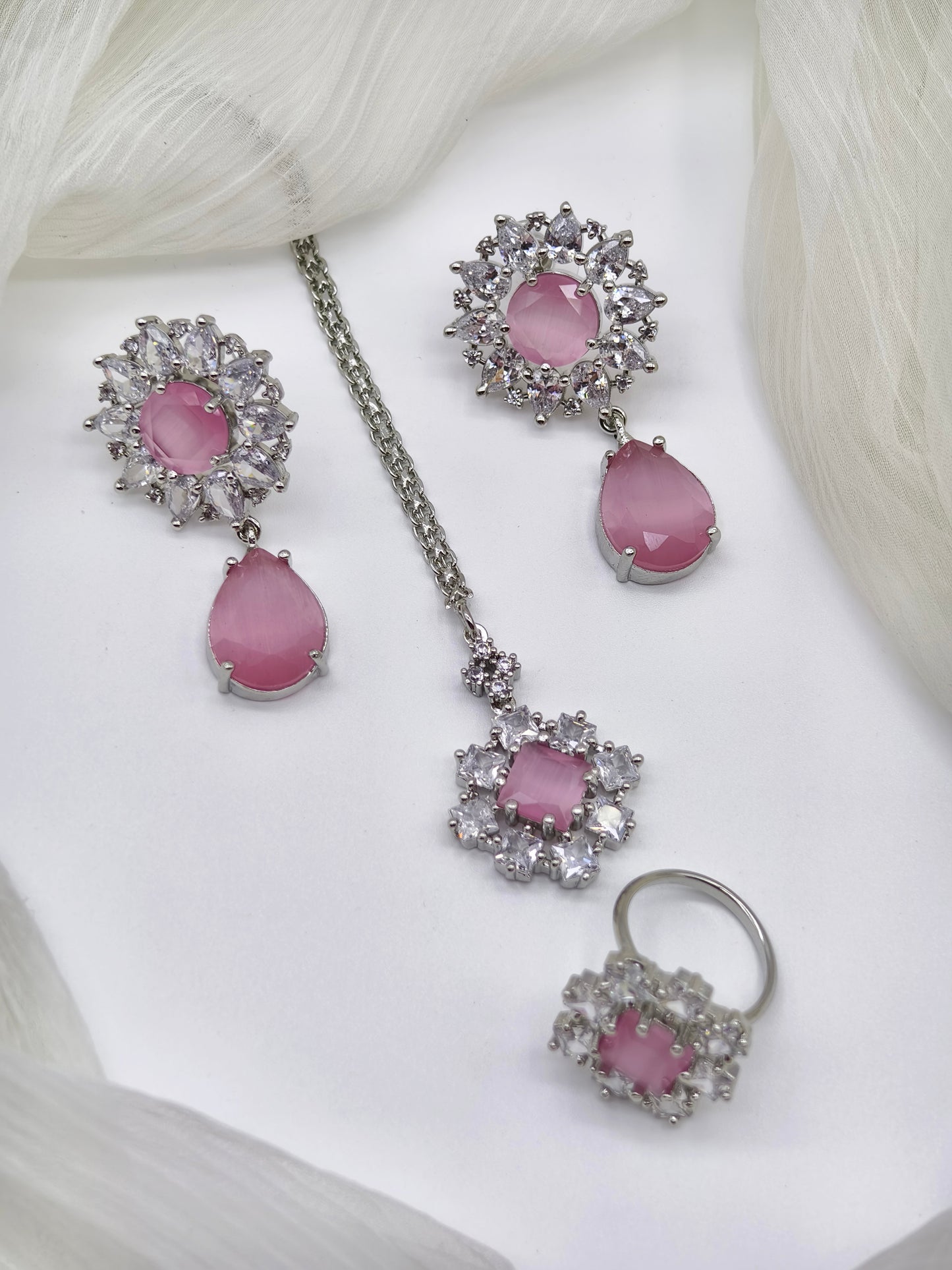 Pastel Pink & White Stone American Diamond Necklace