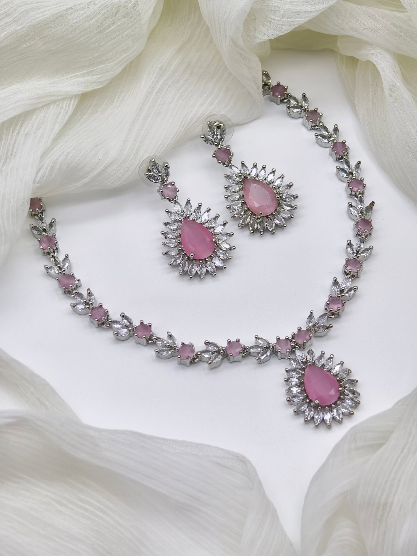 Pastel Pink & White Stone American Diamond Necklace