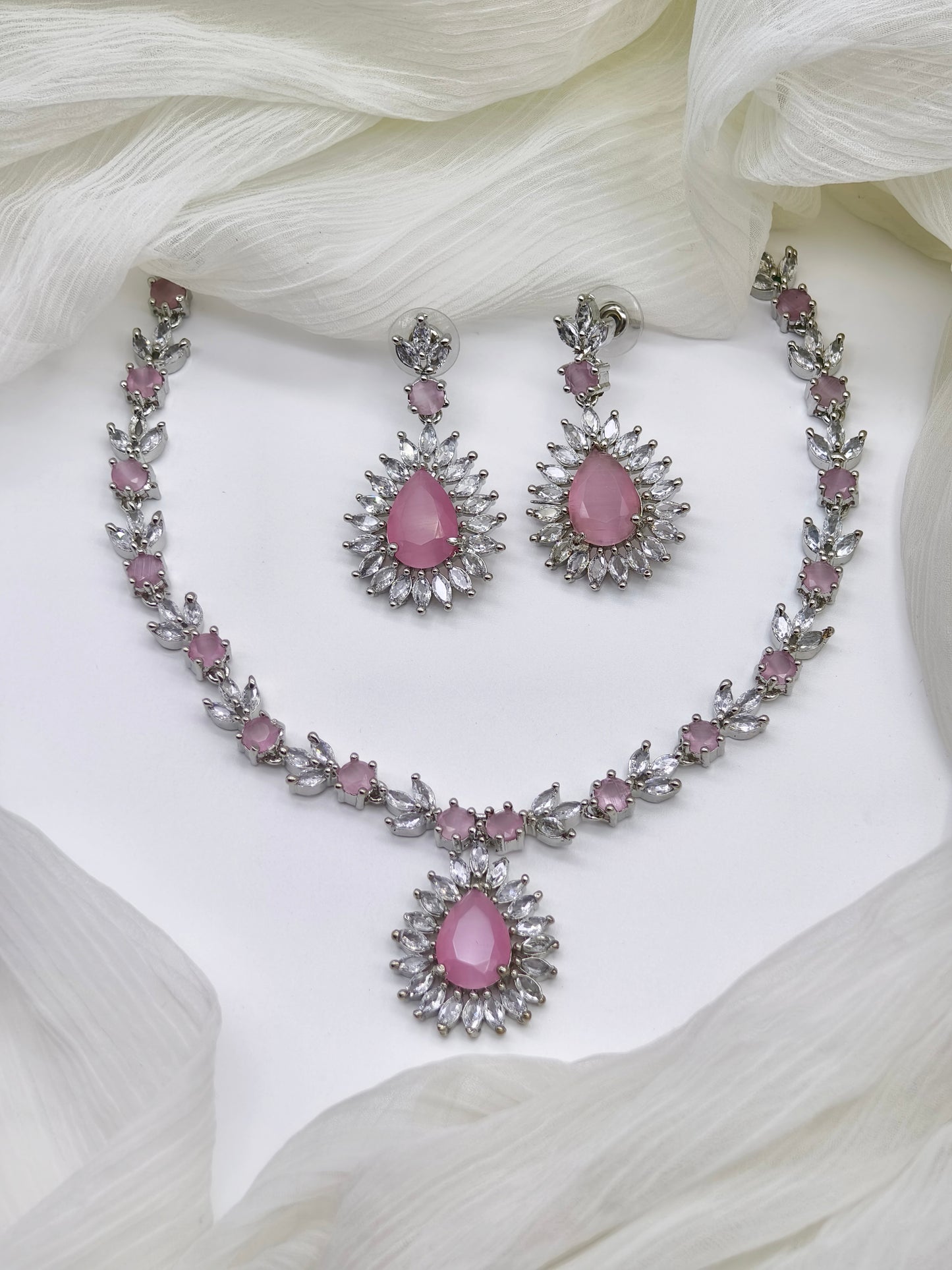 Pastel Pink & White Stone American Diamond Necklace