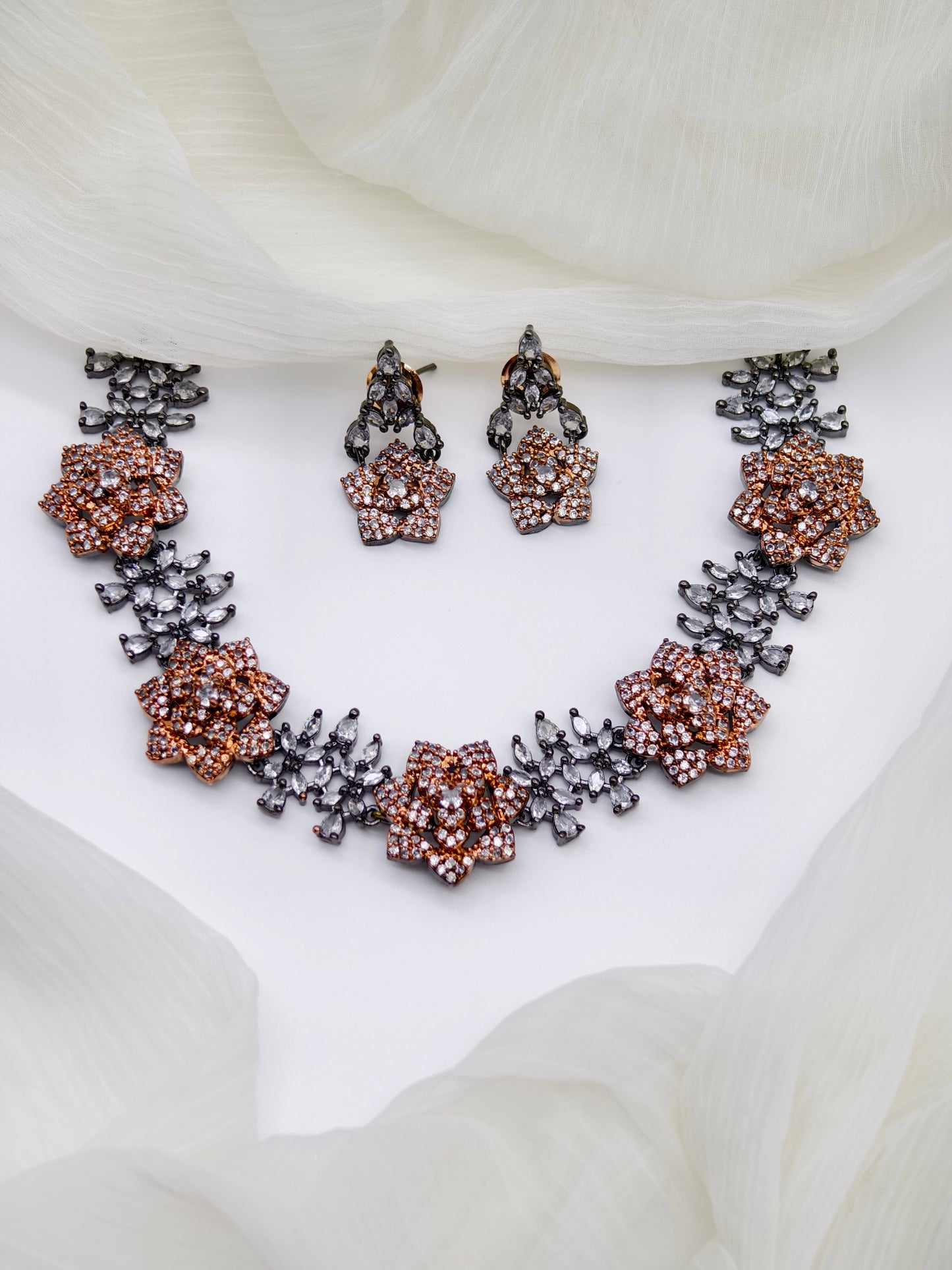 Black & Rose Gold Metal American Diamond Necklace