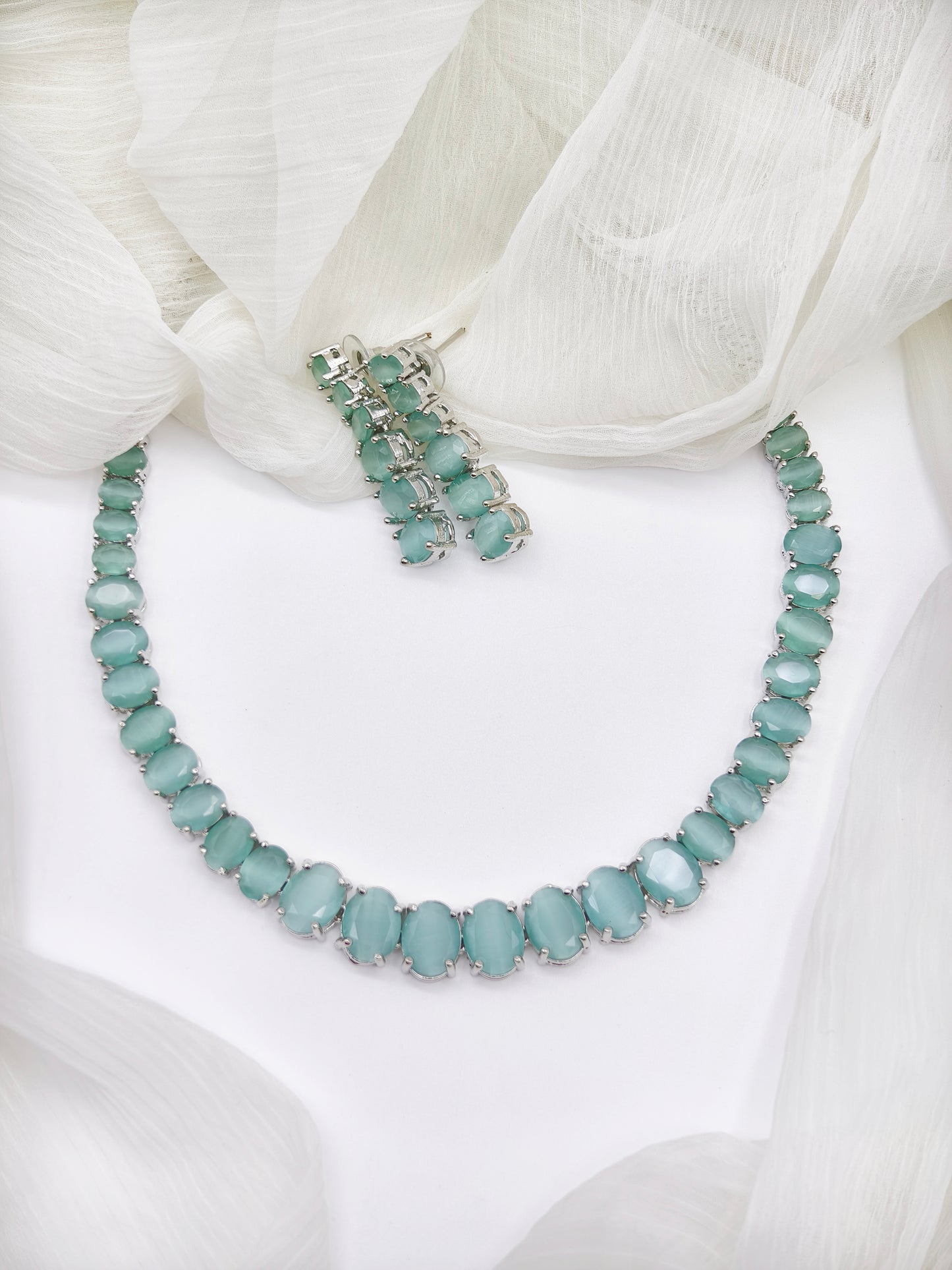 Pastel Green & White Stone American Diamond Necklace
