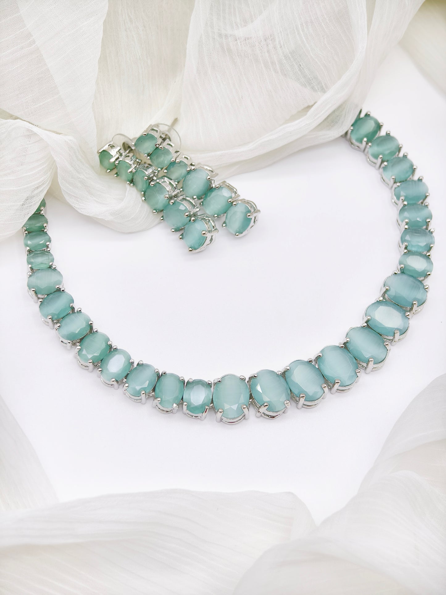 Pastel Green & White Stone American Diamond Necklace