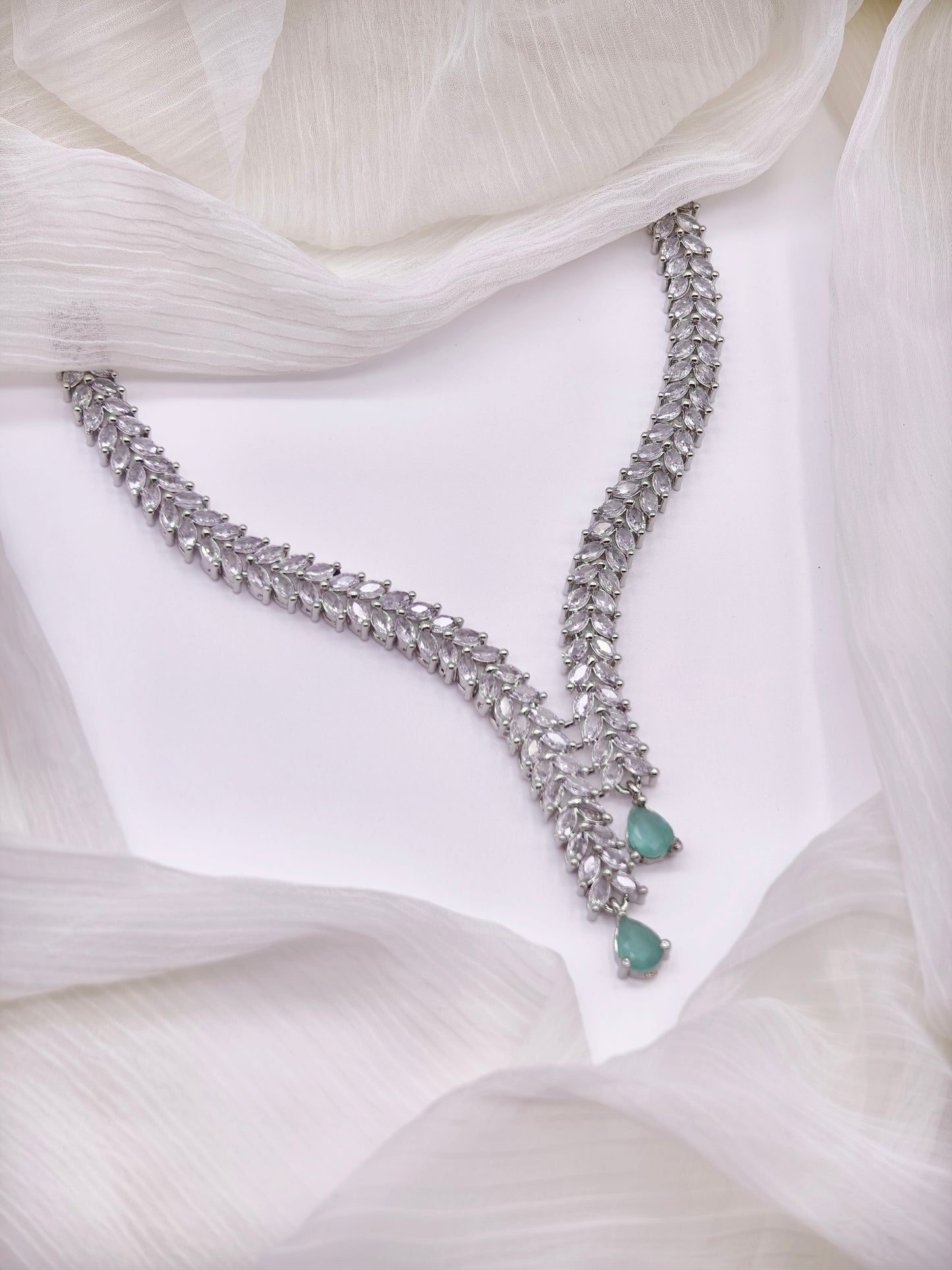 Pastel Green & White Stone American Diamond Necklace