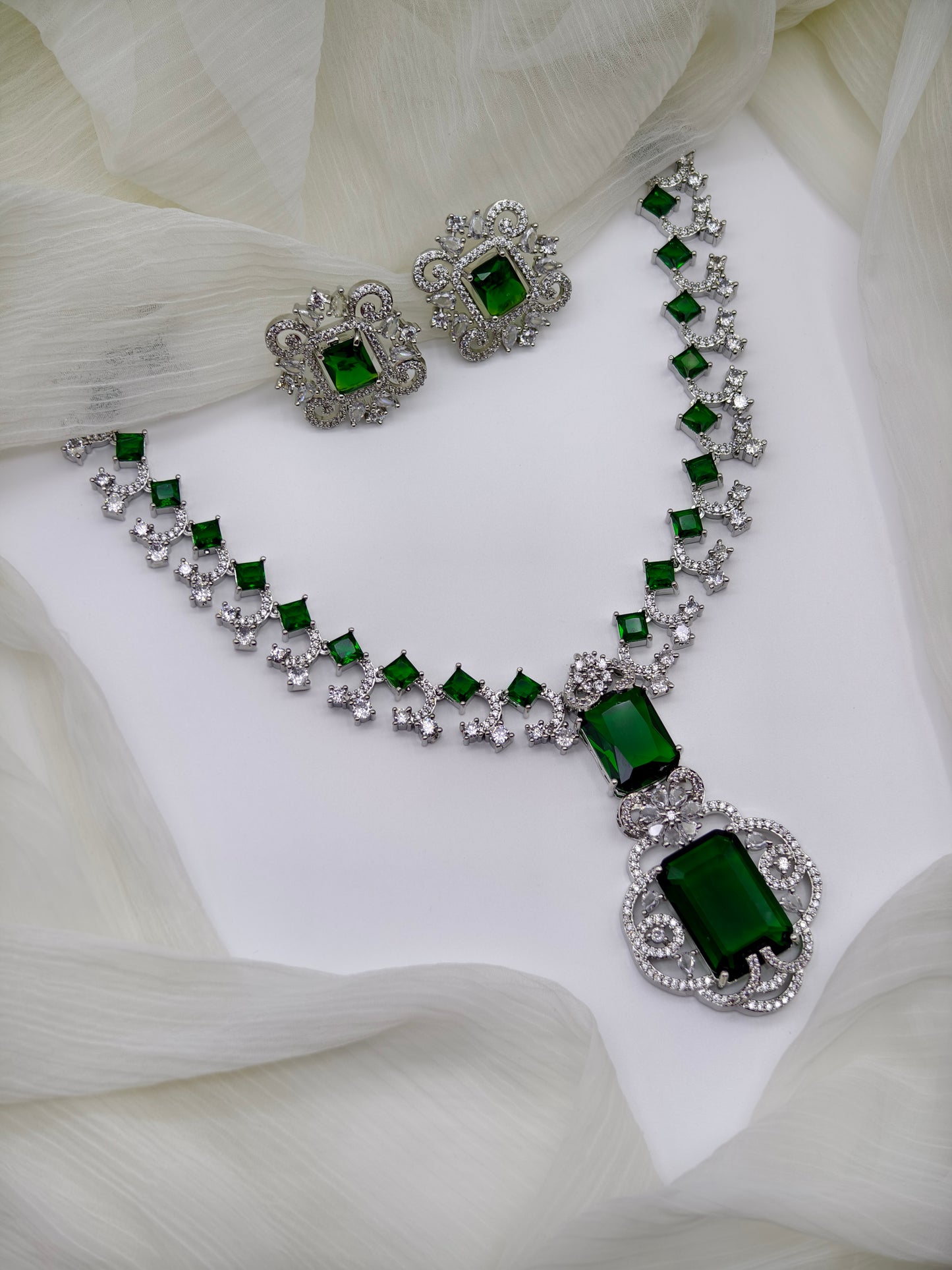 Green & White Stone American Diamond Necklace